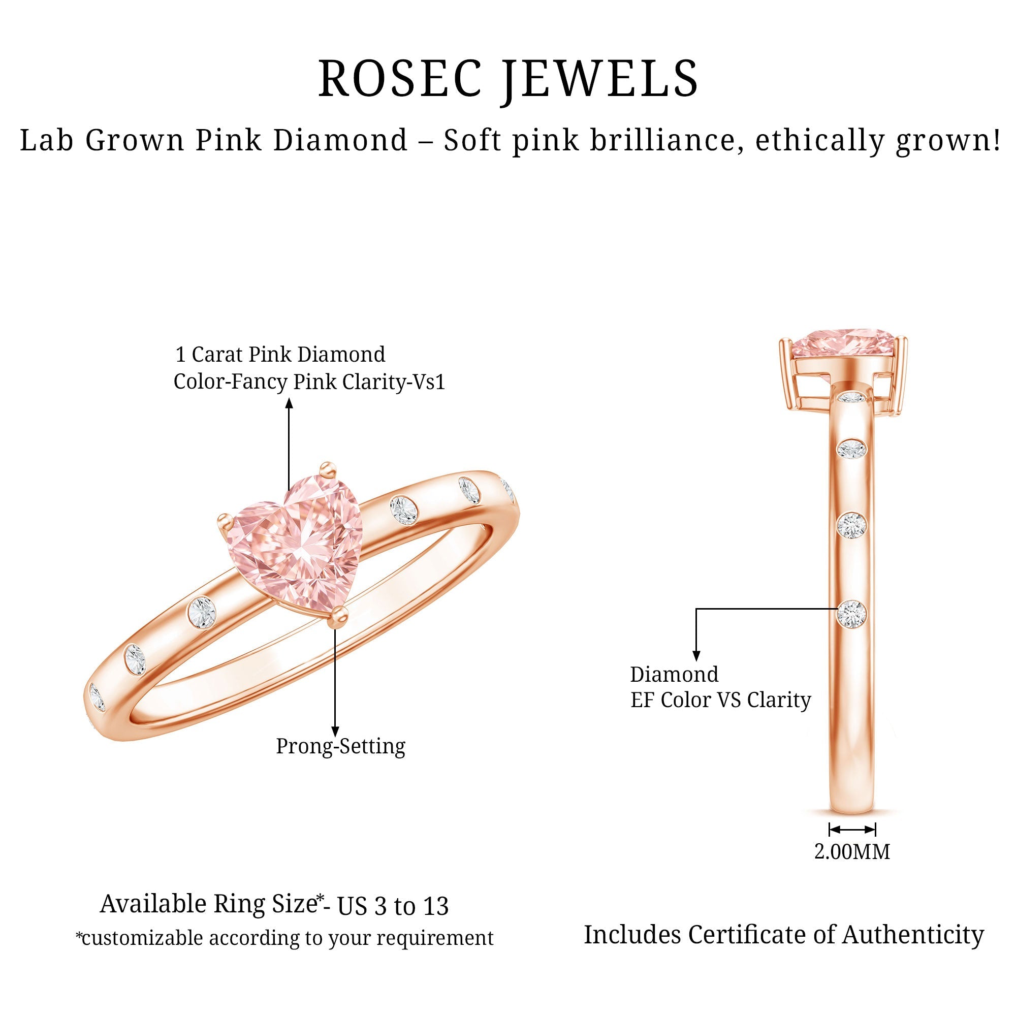 Pink Diamond Engagement Ring – 1 Carat Lab Grown Solitaire Heart Shaped Ring