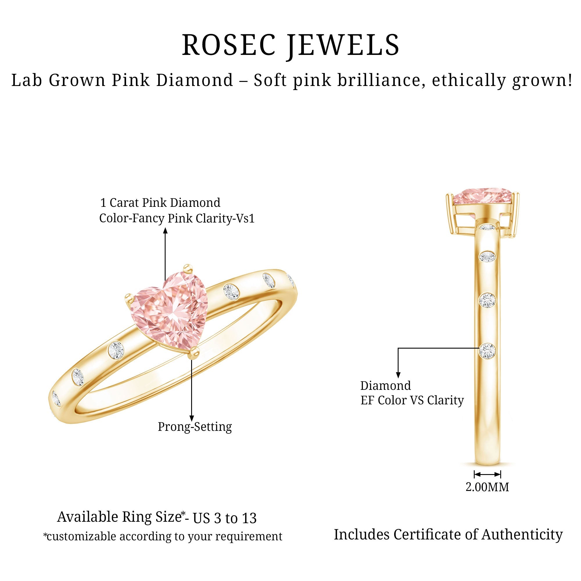 Pink Diamond Engagement Ring – 1 Carat Lab Grown Solitaire Heart Shaped Ring