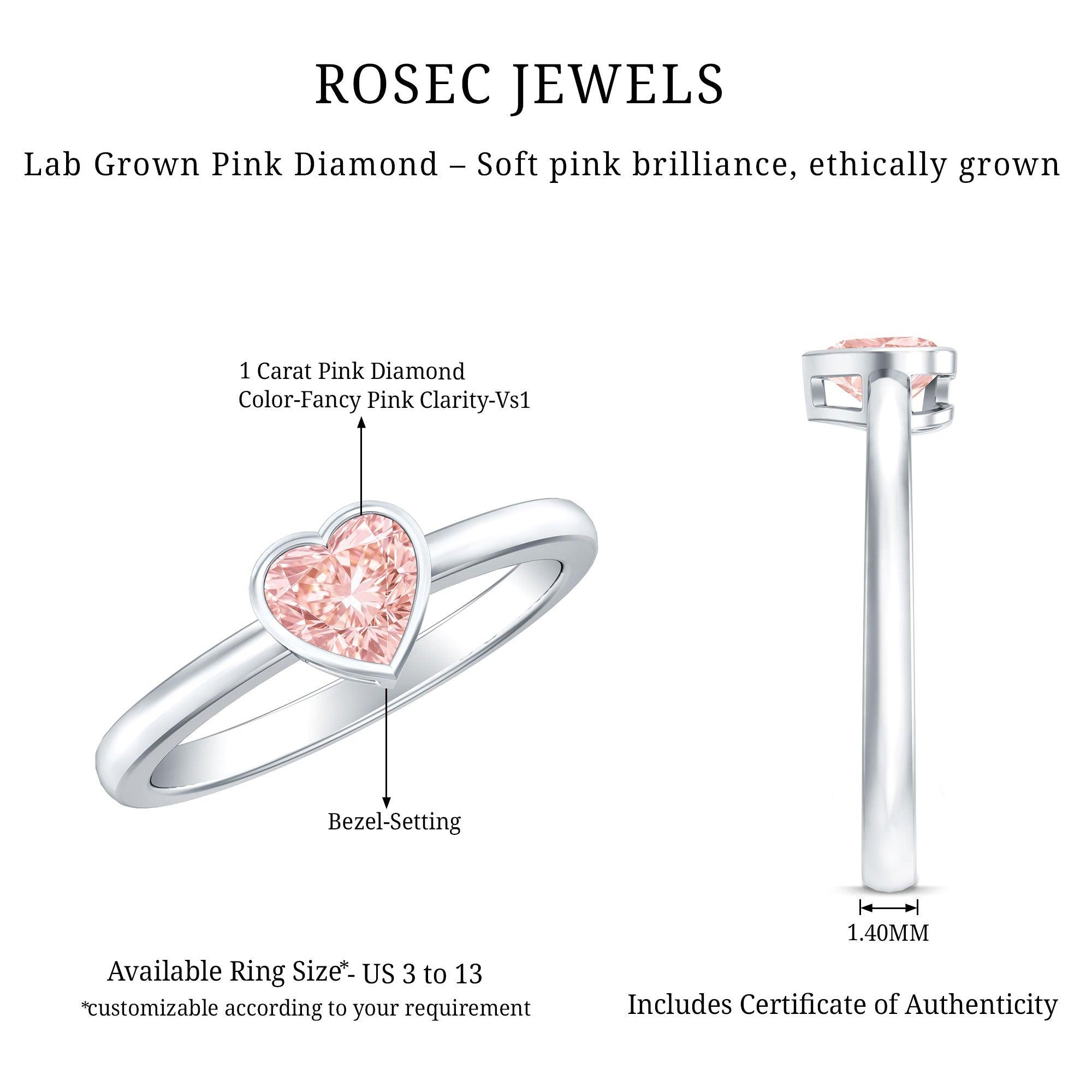 Lab Grown Pink Diamond Ring – Bezel Set Solitaire Promise Ring in Rose Gold