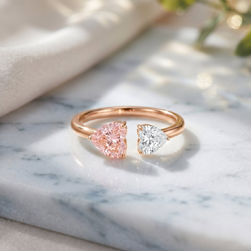 Lab Grown Pink Diamond Ring – Heart Shaped Two Stone Promise Ring With IGI Certificate