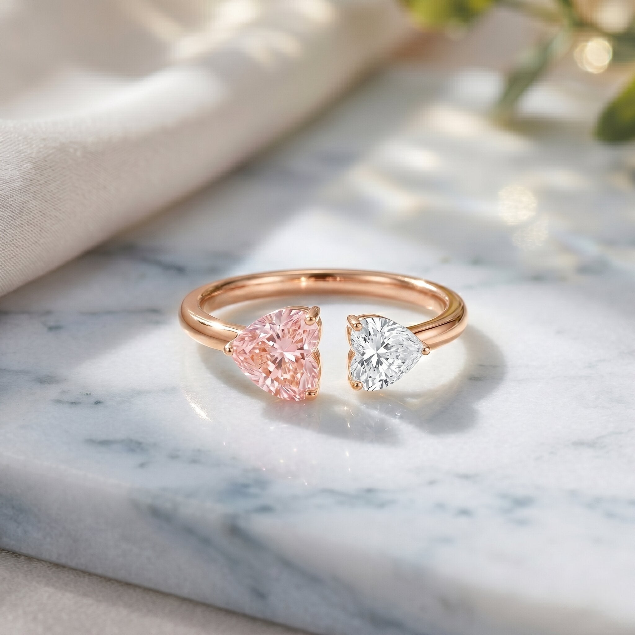 Lab Grown Pink Diamond Ring – Heart Shaped Two Stone Promise Ring With IGI Certificate