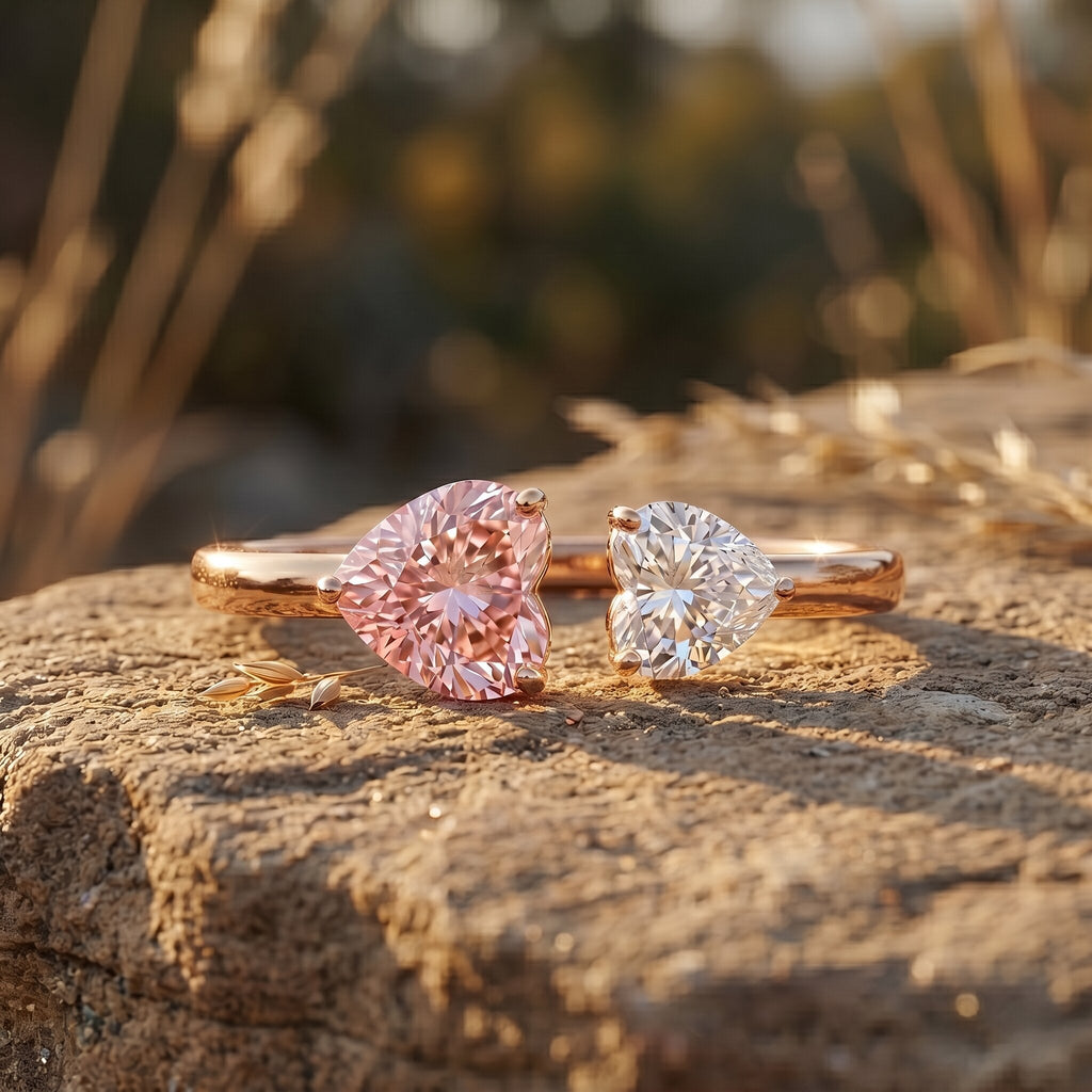 Lab Grown Pink Diamond Ring – Heart Shaped Two Stone Promise Ring With IGI Certificate