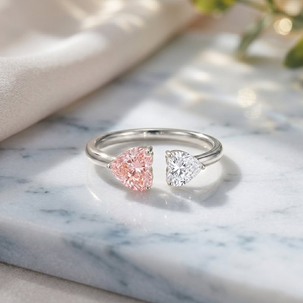 Lab Grown Pink Diamond Ring – Heart Shaped Two Stone Promise Ring With IGI Certificate