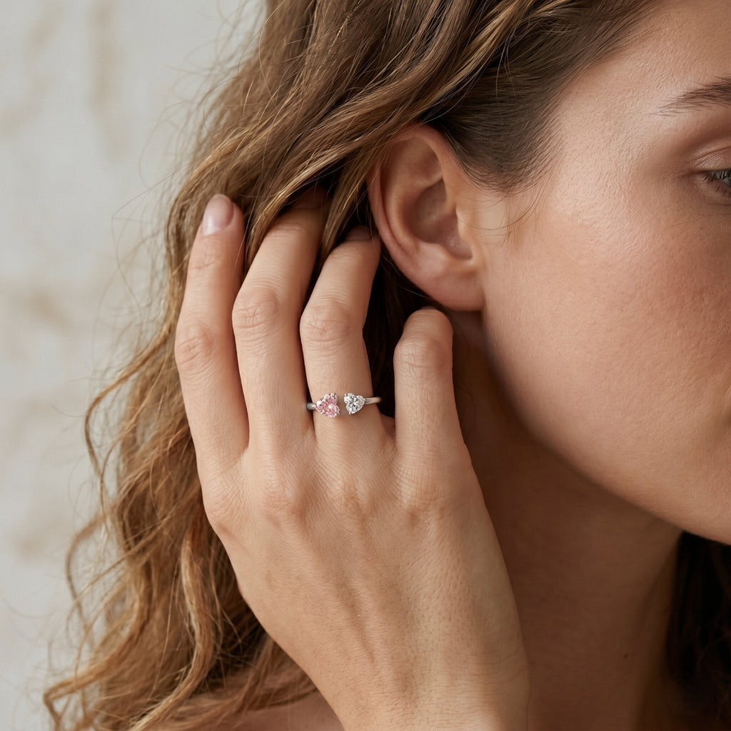 Lab Grown Pink Diamond Ring – Heart Shaped Two Stone Promise Ring With IGI Certificate