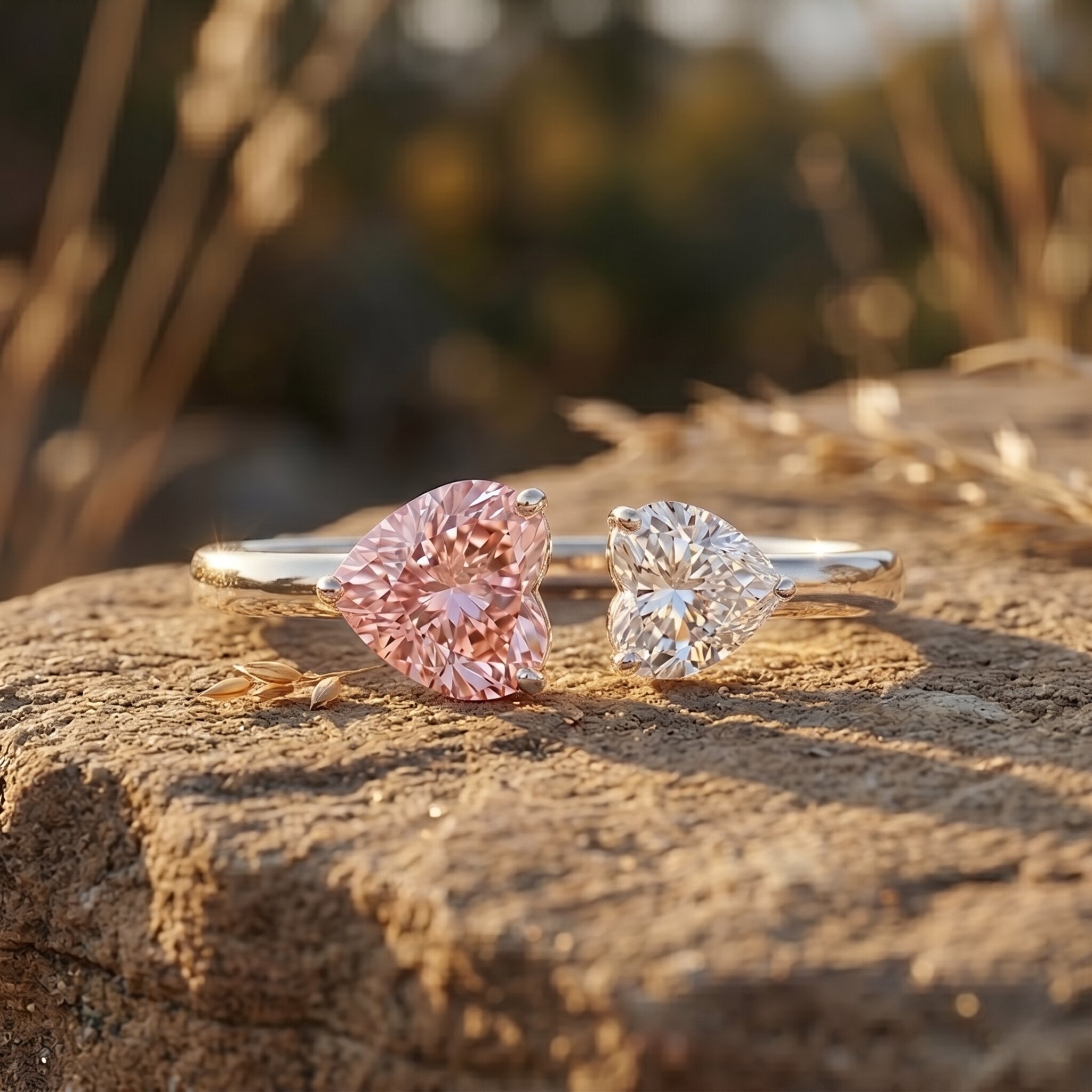 Lab Grown Pink Diamond Ring – Heart Shaped Two Stone Promise Ring With IGI Certificate