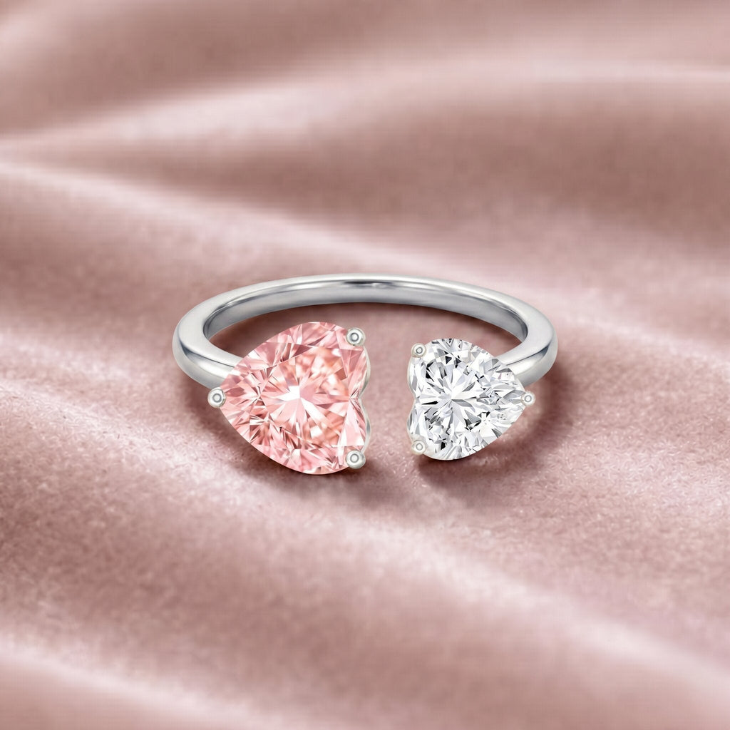 Lab Grown Pink Diamond Ring – Heart Shaped Two Stone Promise Ring With IGI Certificate
