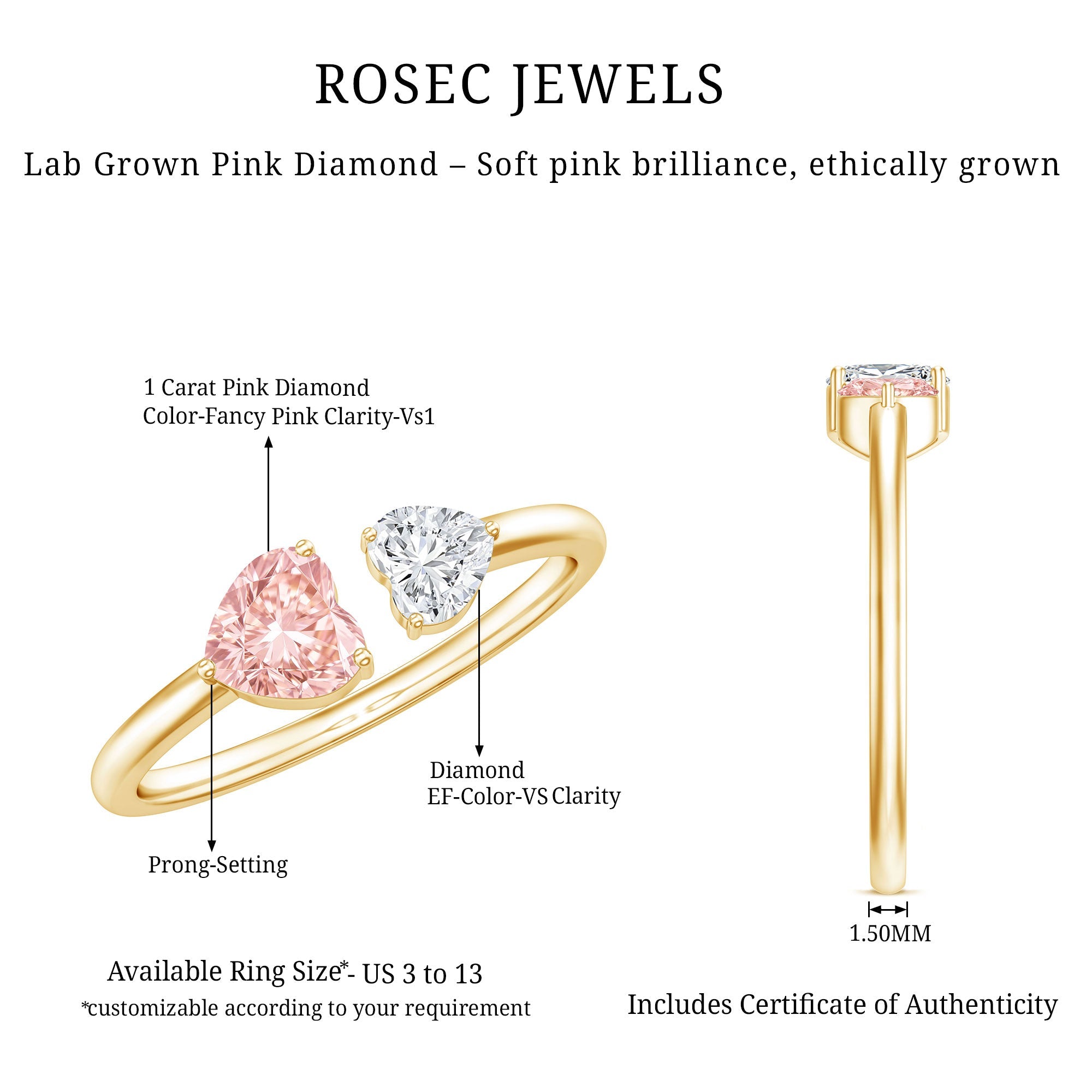 Lab Grown Pink Diamond Ring – Heart Shaped Two Stone Promise Ring With IGI Certificate