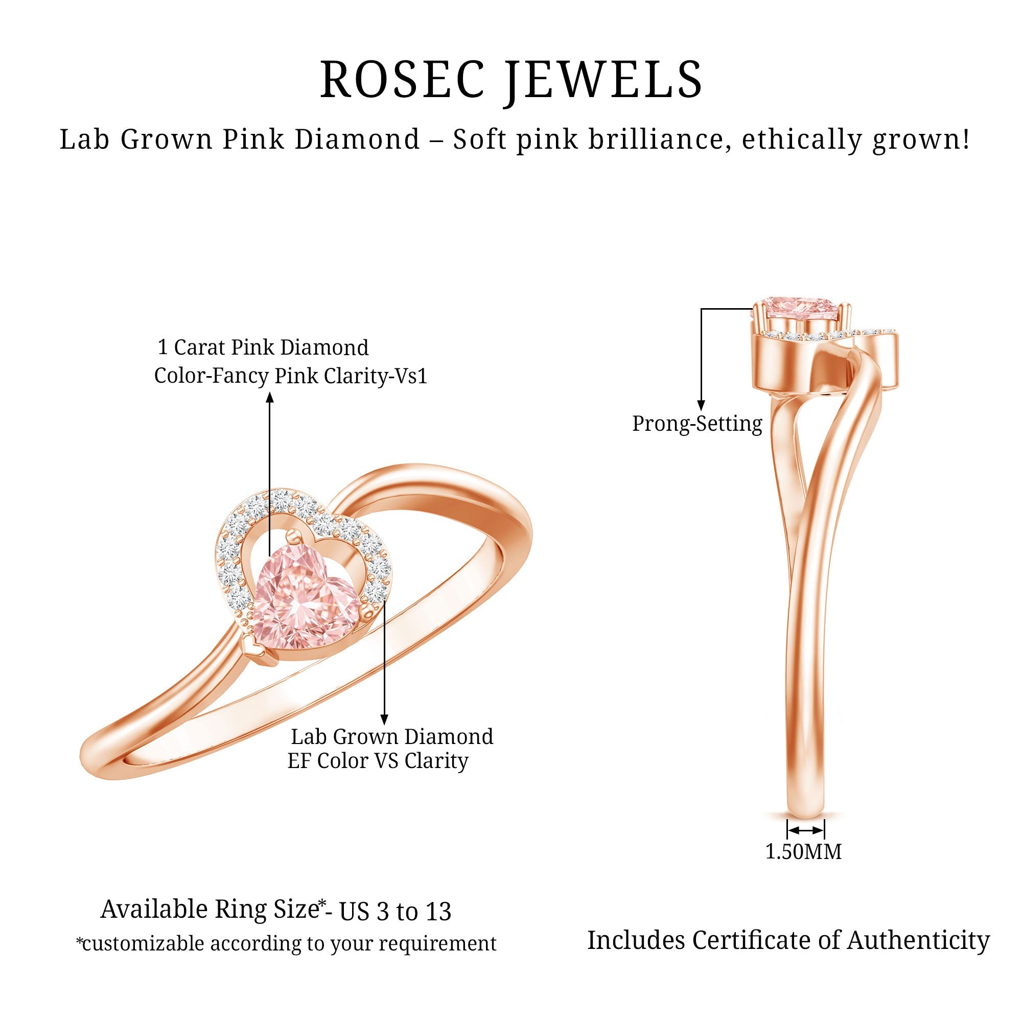 Lab Grown Pink Diamond Ring – 1 Carat Heart Shaped Promise Ring Twisted Band