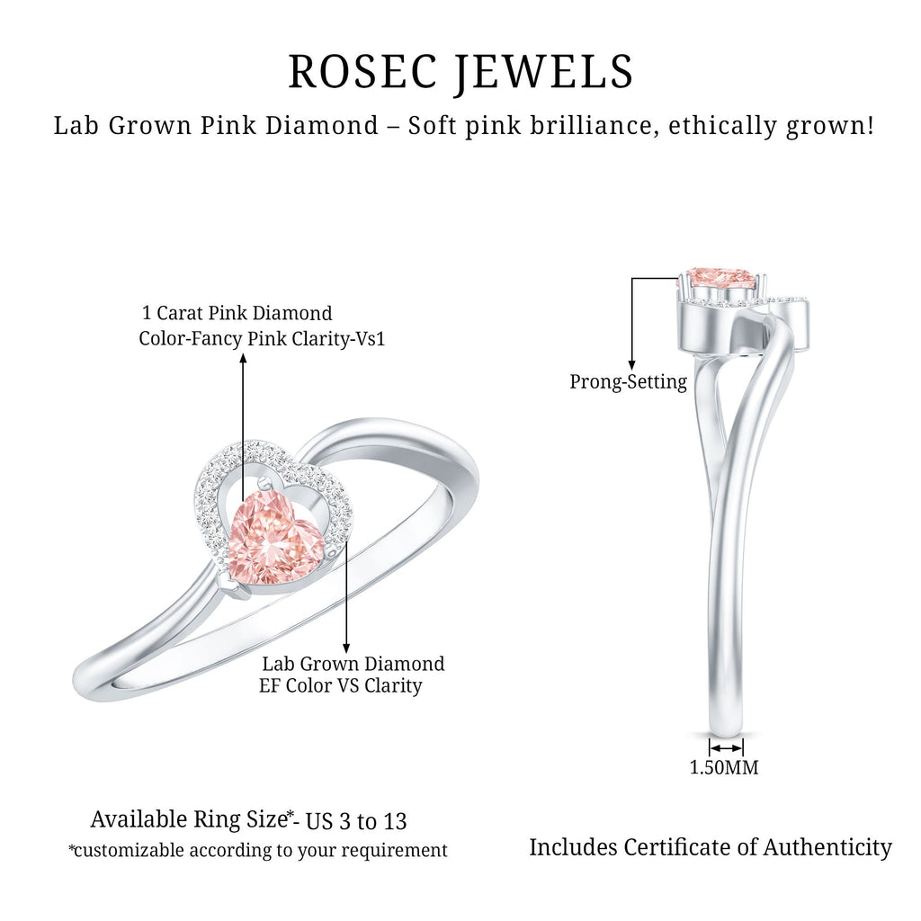 Lab Grown Pink Diamond Ring – 1 Carat Heart Shaped Promise Ring Twisted Band