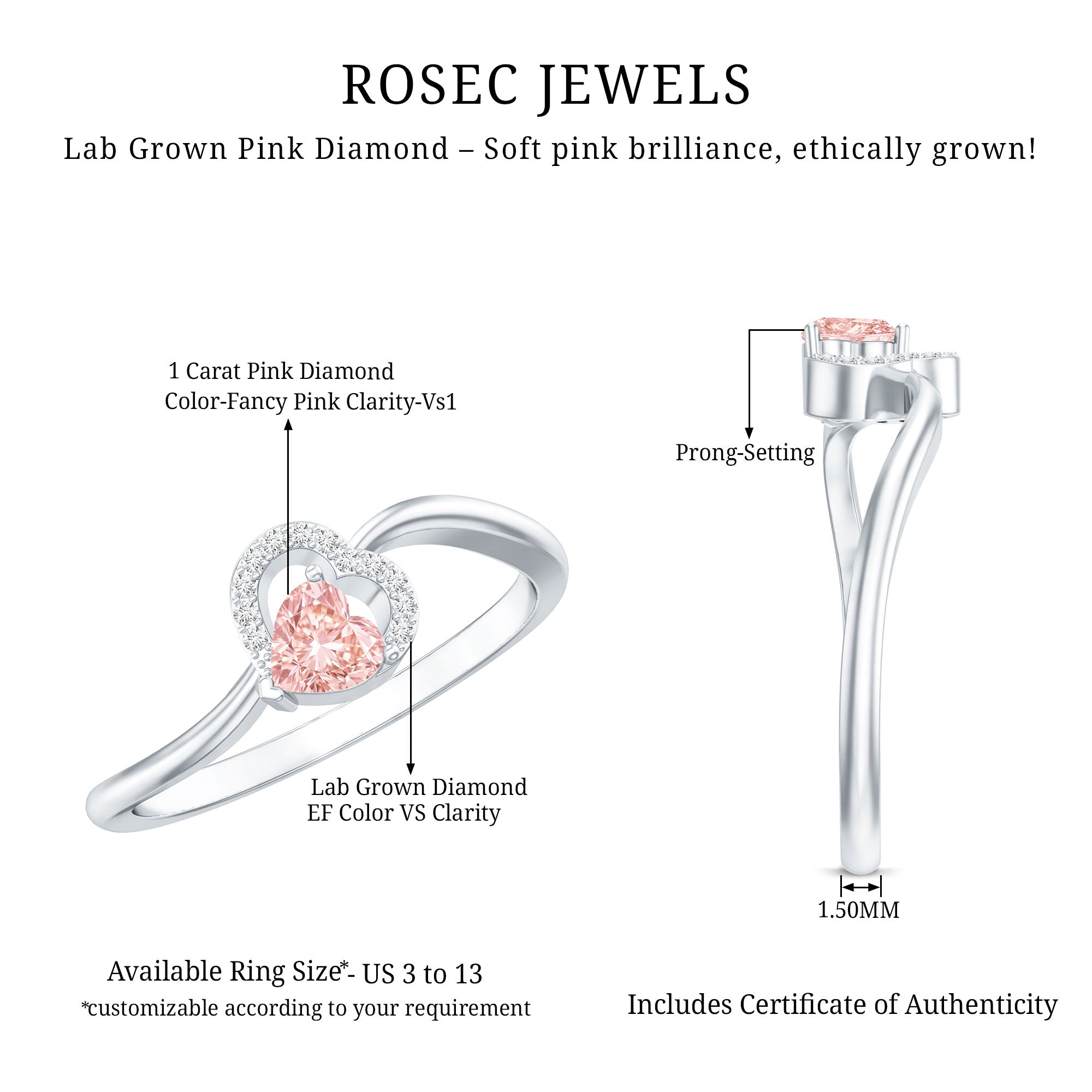 Lab Grown Pink Diamond Ring – 1 Carat Heart Shaped Promise Ring Twisted Band