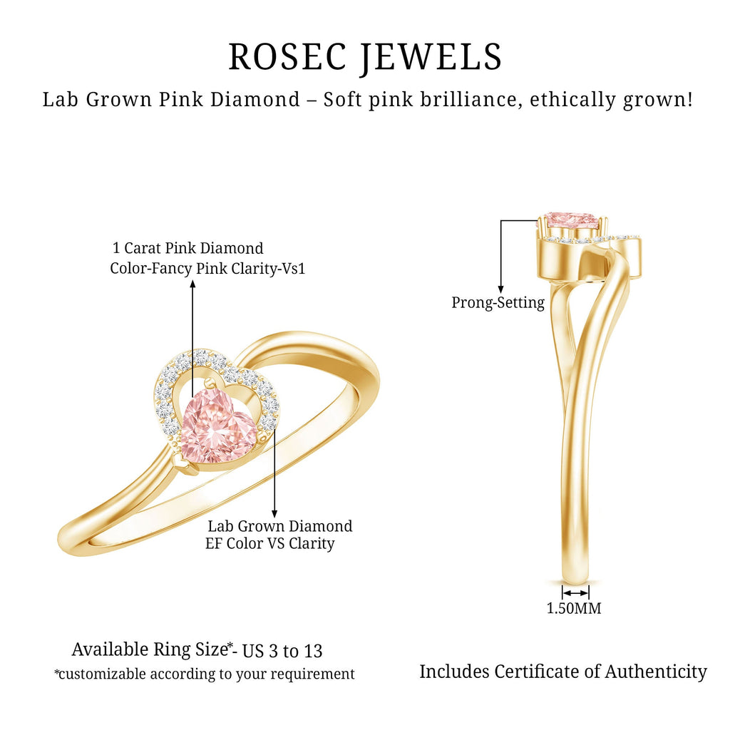 Lab Grown Pink Diamond Ring – 1 Carat Heart Shaped Promise Ring Twisted Band