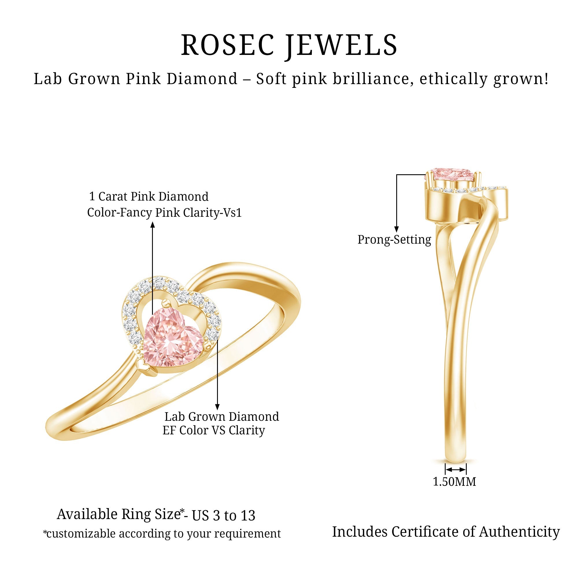 Lab Grown Pink Diamond Ring – 1 Carat Heart Shaped Promise Ring Twisted Band