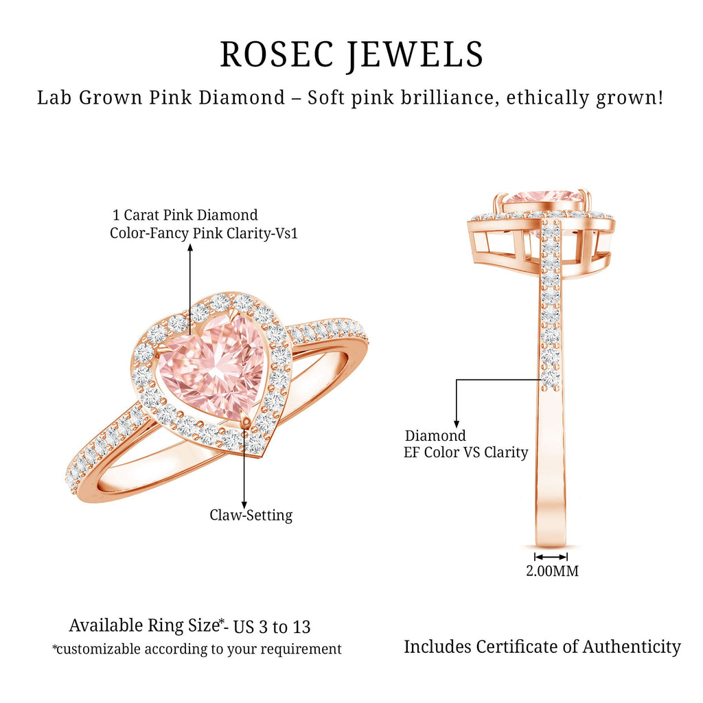 Heart Shape Engagement Ring - 1 CT Lab Grown Pink Diamond Halo Ring IGI Certified