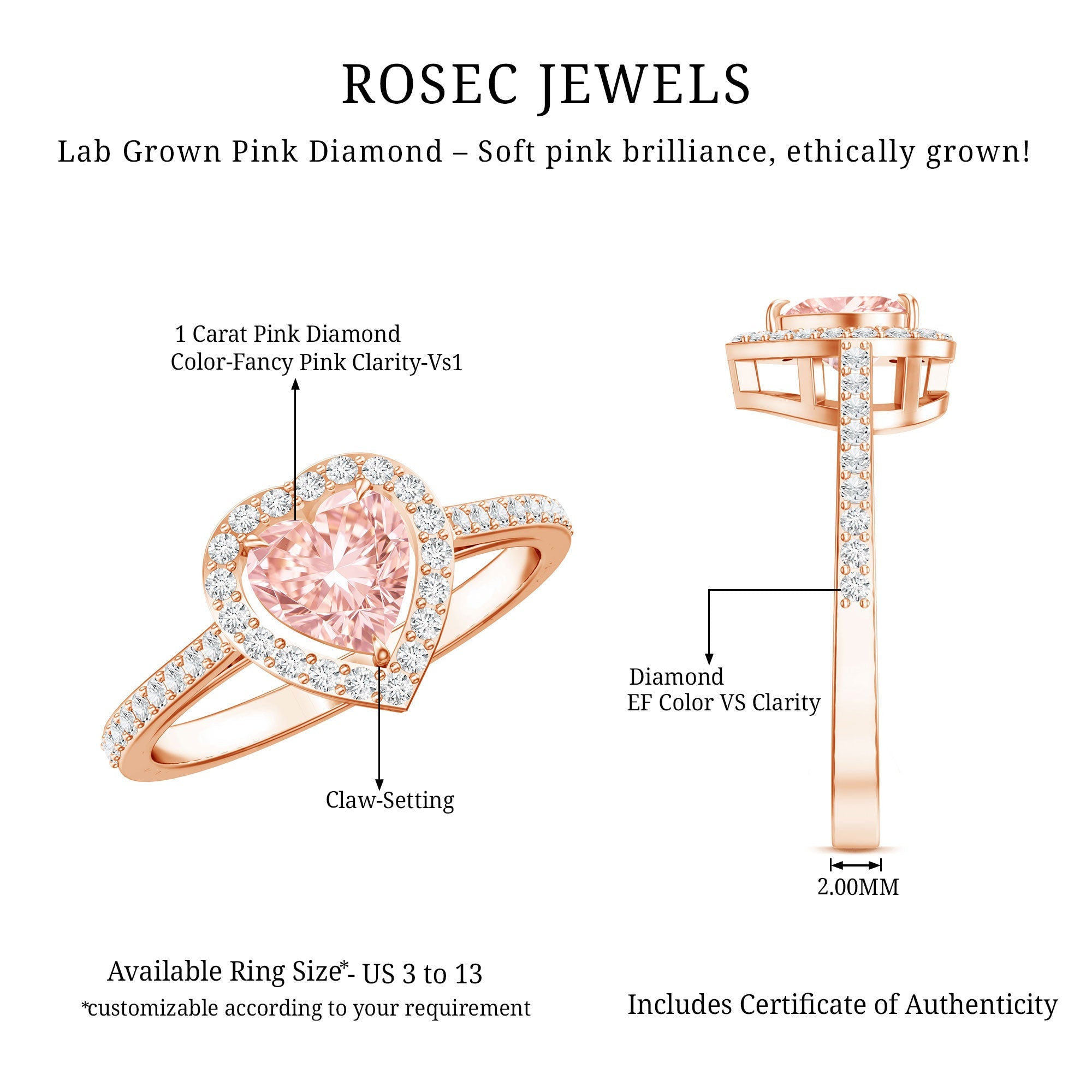 Heart Shape Engagement Ring - 1 CT Lab Grown Pink Diamond Halo Ring IGI Certified