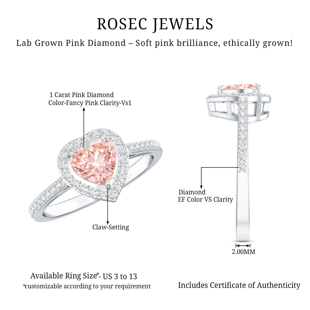 Heart Shape Engagement Ring - 1 CT Lab Grown Pink Diamond Halo Ring IGI Certified