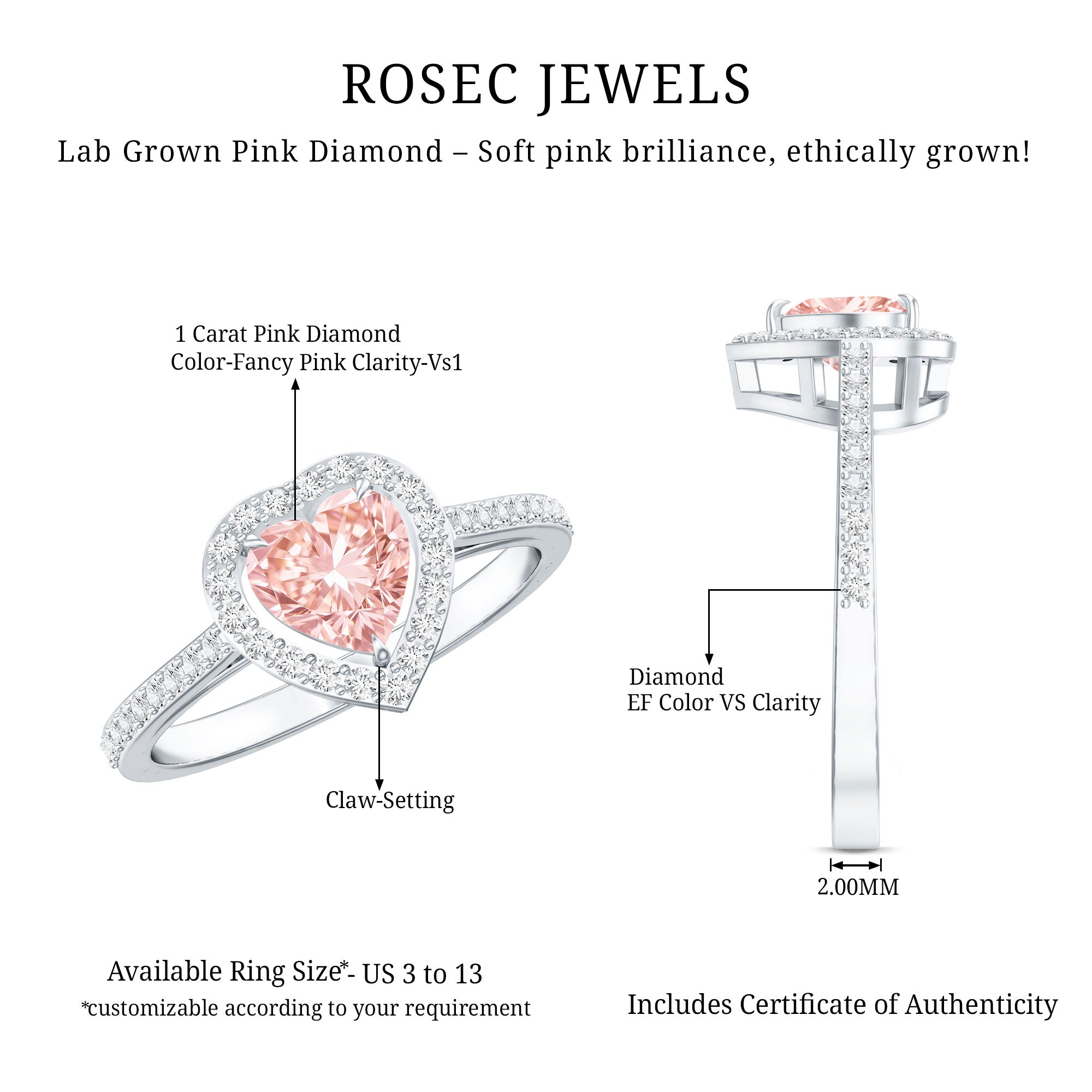 Heart Shape Engagement Ring - 1 CT Lab Grown Pink Diamond Halo Ring IGI Certified