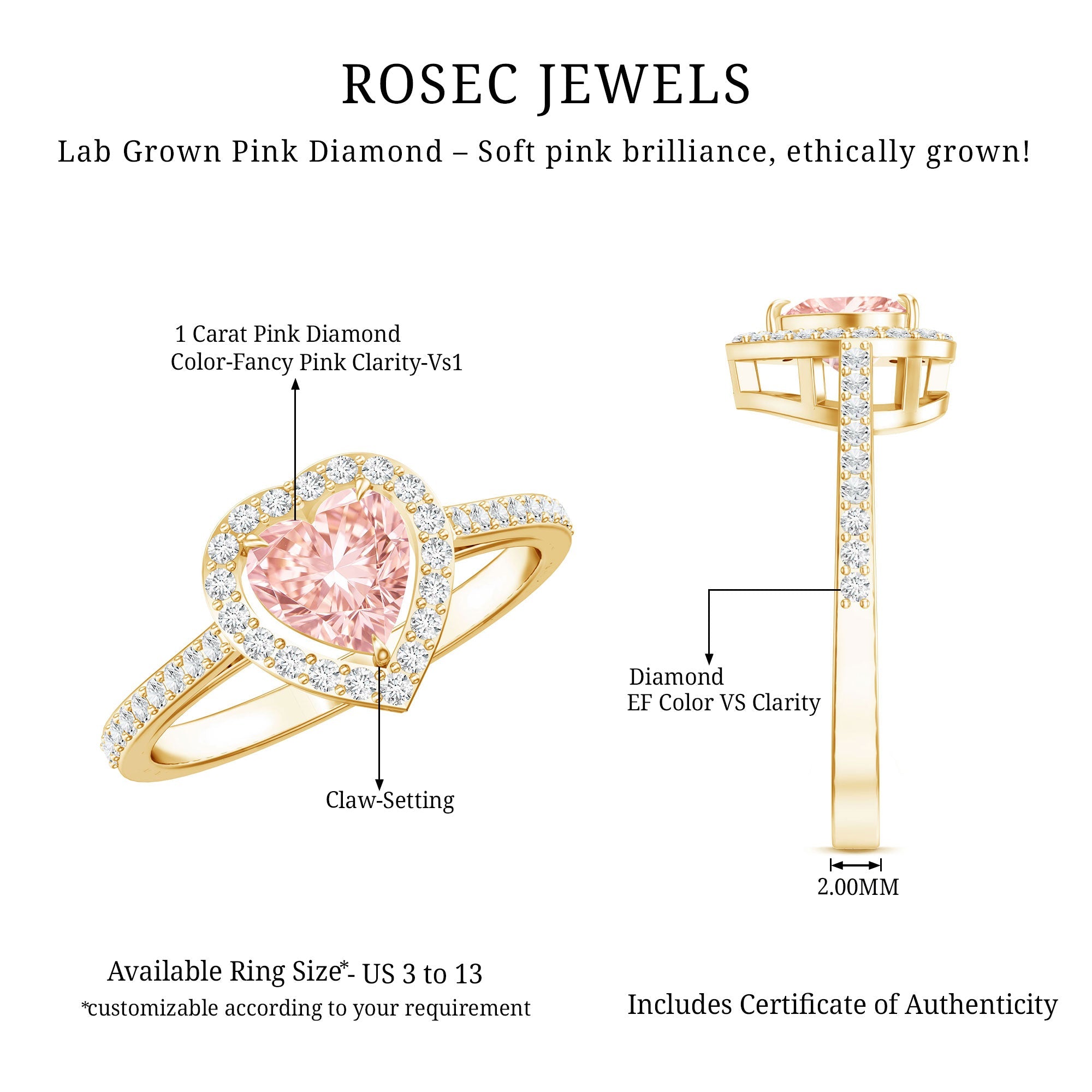 Heart Shape Engagement Ring - 1 CT Lab Grown Pink Diamond Halo Ring IGI Certified