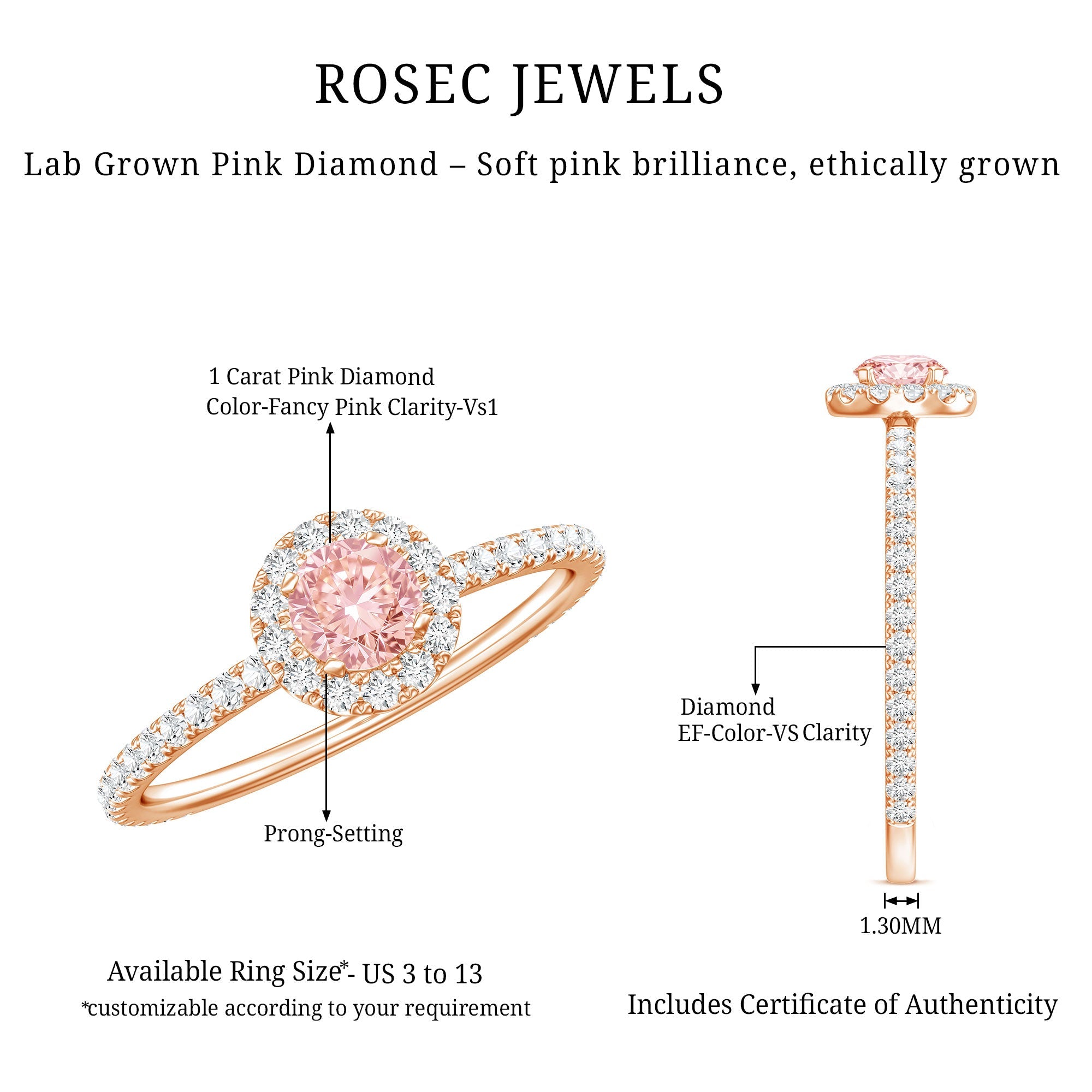 Pink Diamond Engagement Ring – 1 Carat Round Cut Halo Engagement Ring in Rose Gold