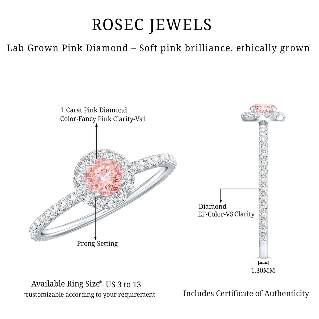 Pink Diamond Engagement Ring – 1 Carat Round Cut Halo Engagement Ring in Rose Gold