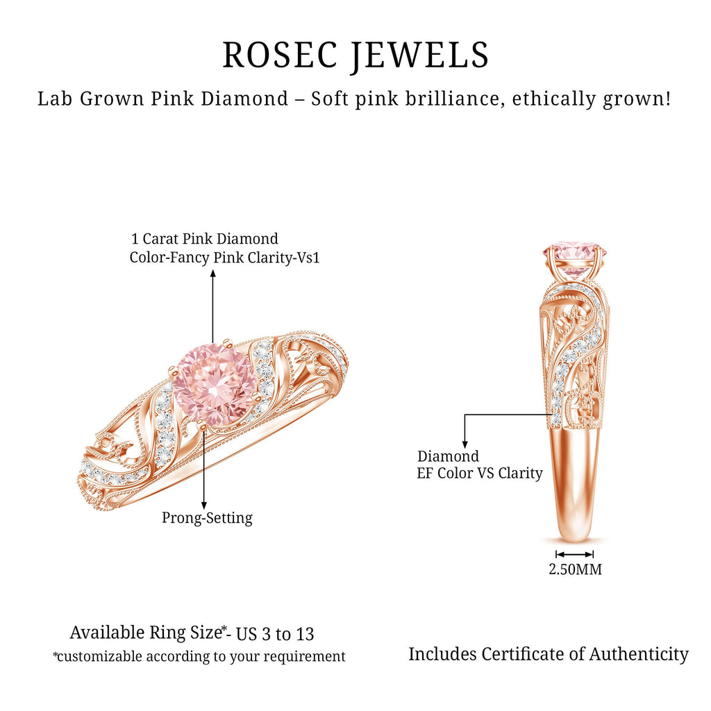Lab Grown Pink Diamond Ring – Vintage Engagement, IGI Certified, Rose Gold
