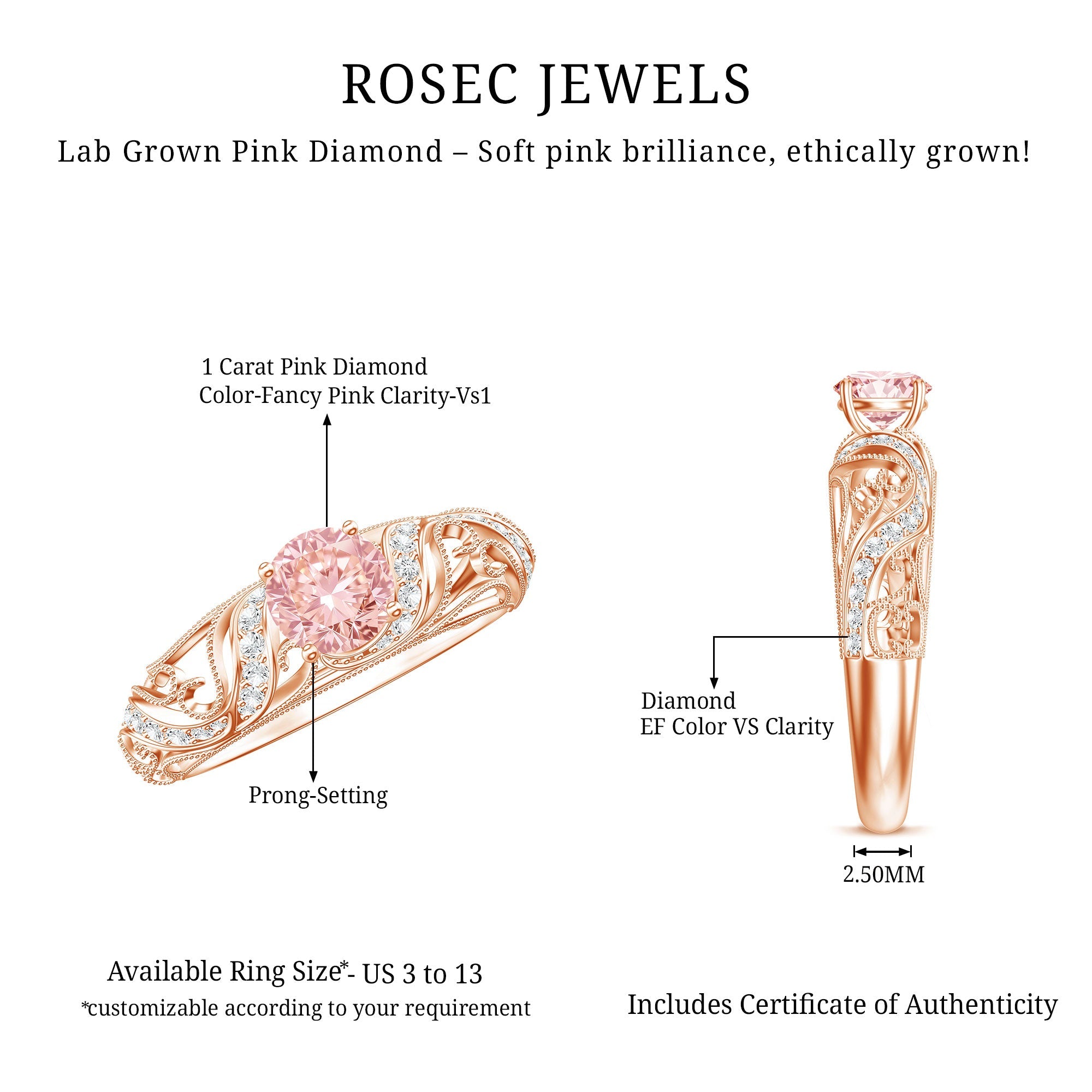 Lab Grown Pink Diamond Ring – Vintage Engagement, IGI Certified, Rose Gold