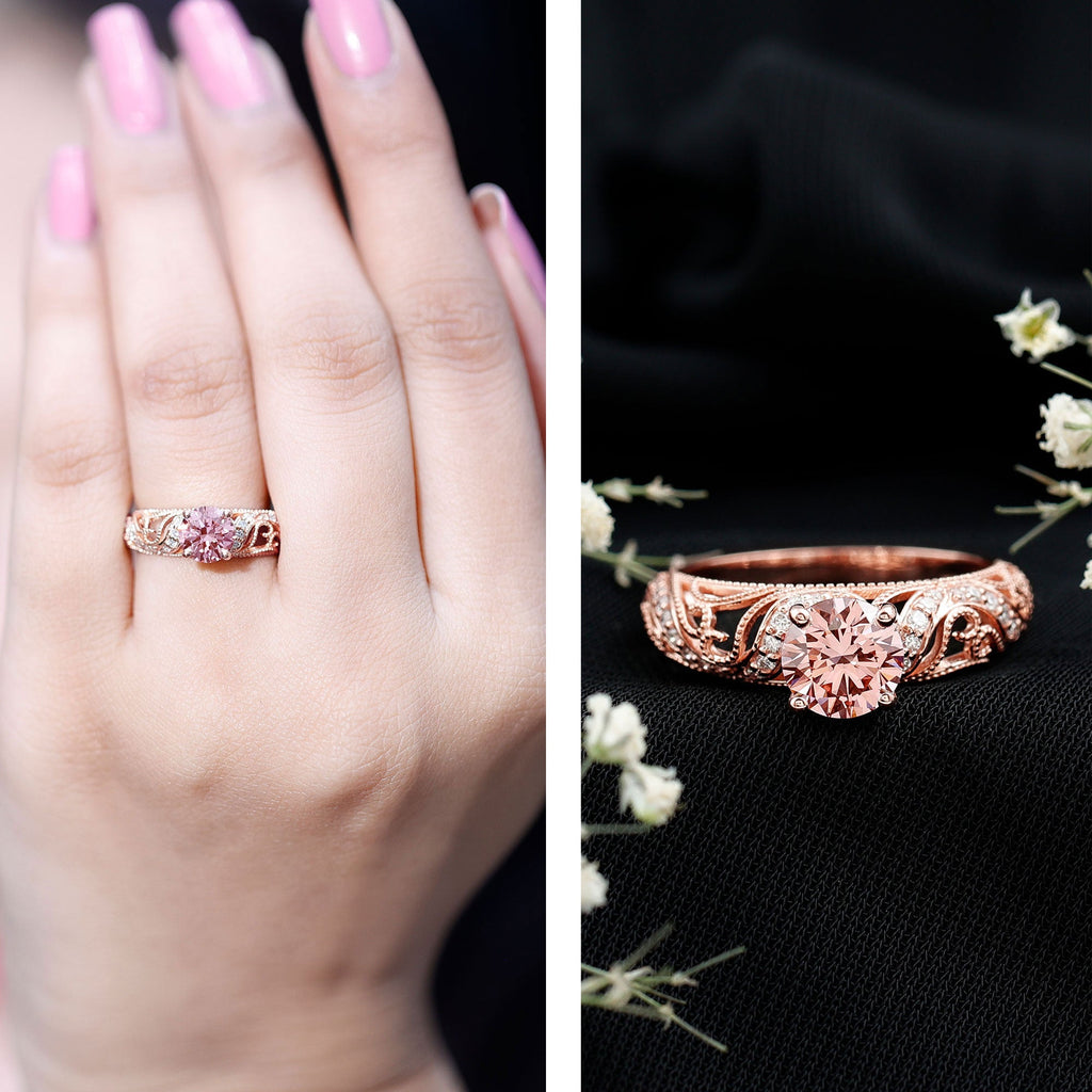 Lab Grown Pink Diamond Ring – Vintage Engagement, IGI Certified, Rose Gold