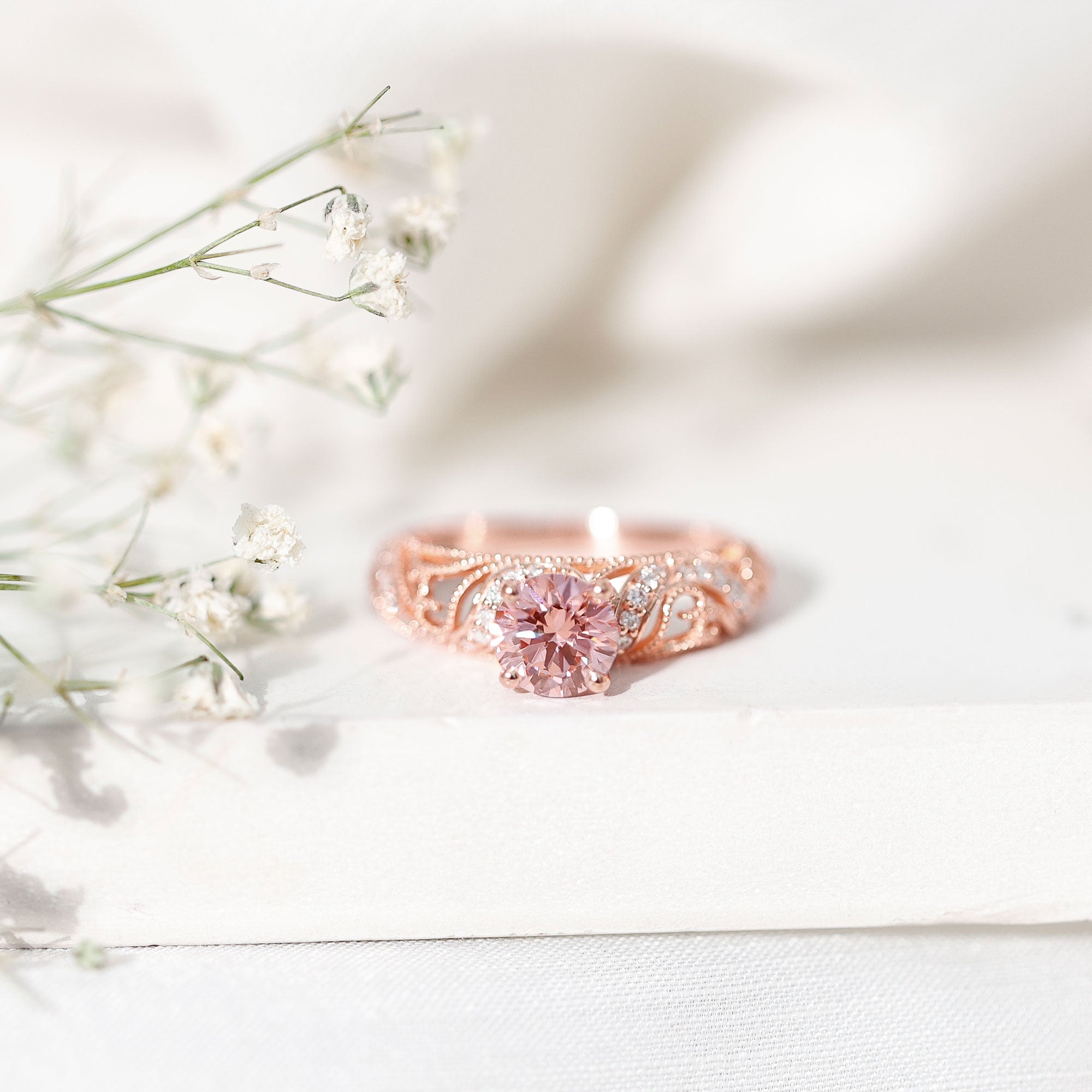 Lab Grown Pink Diamond Ring – Vintage Engagement, IGI Certified, Rose Gold