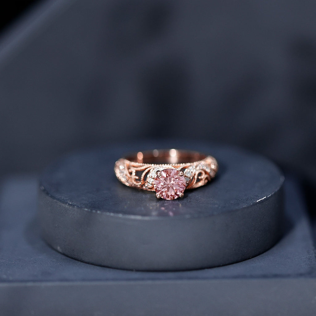 Lab Grown Pink Diamond Ring – Vintage Engagement, IGI Certified, Rose Gold