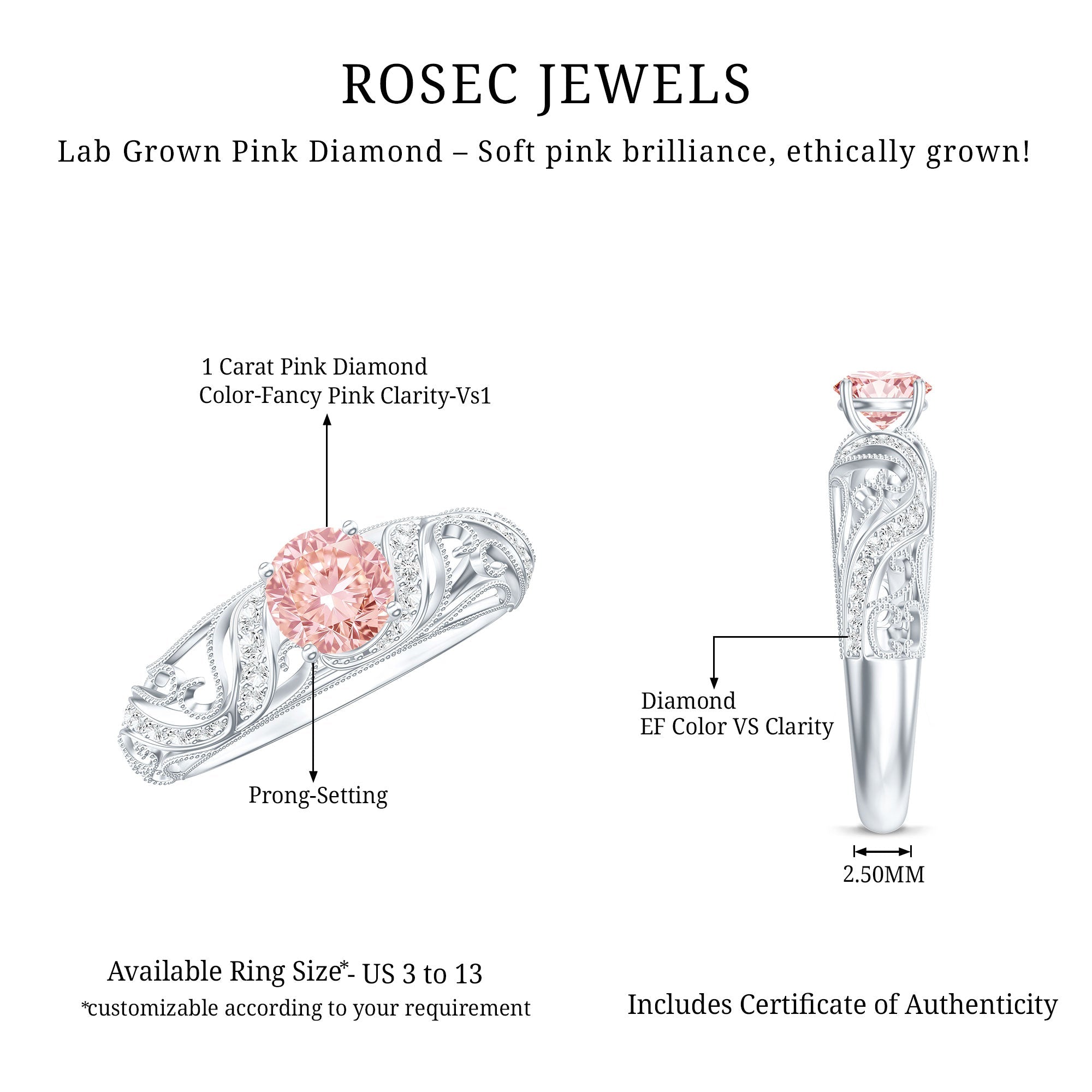 Lab Grown Pink Diamond Ring – Vintage Engagement, IGI Certified, Rose Gold
