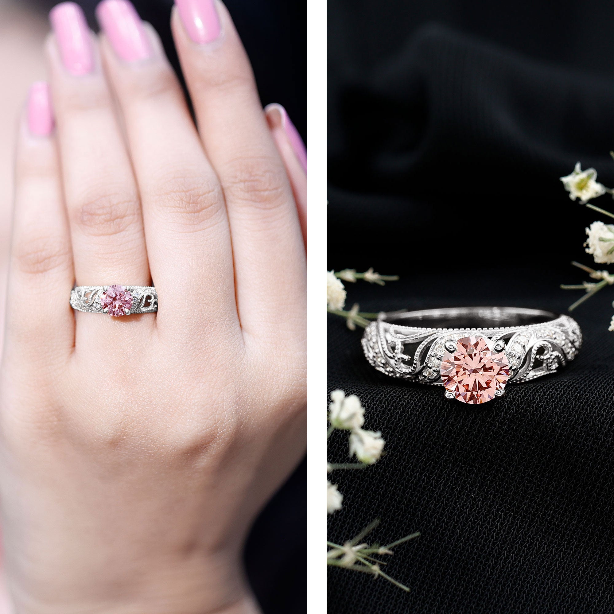 Lab Grown Pink Diamond Ring – Vintage Engagement, IGI Certified, Rose Gold