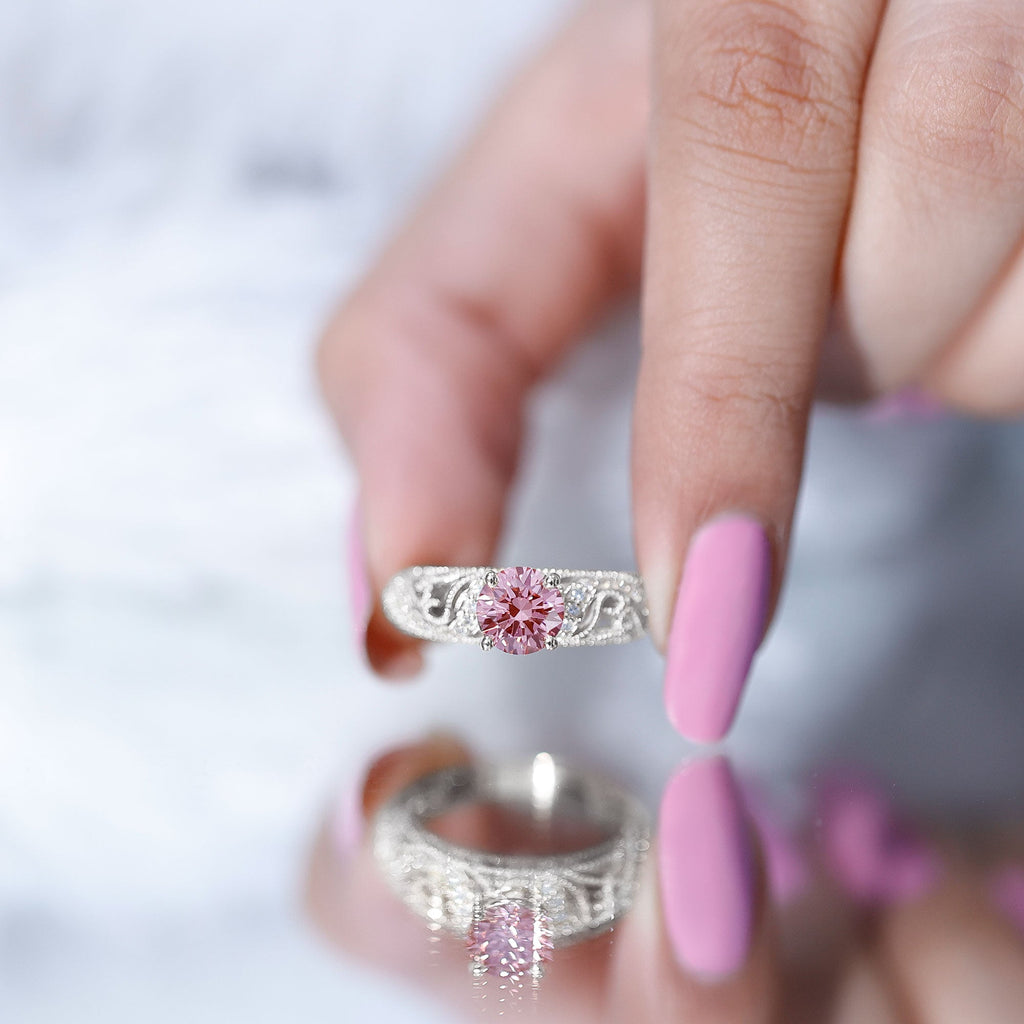 Lab Grown Pink Diamond Ring – Vintage Engagement, IGI Certified, Rose Gold