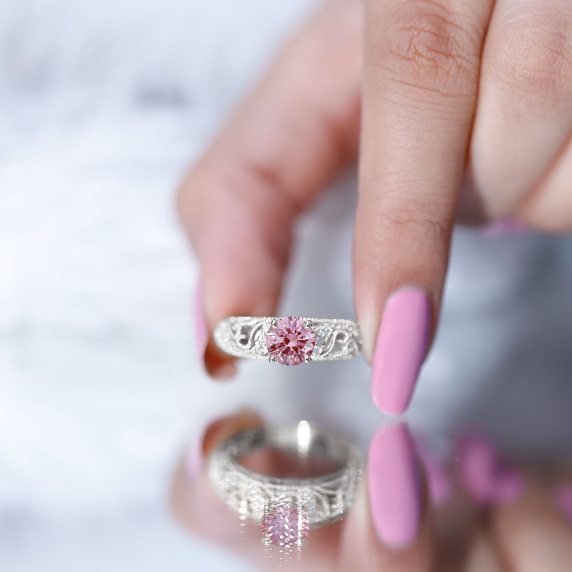 Lab Grown Pink Diamond Ring – Vintage Engagement, IGI Certified, Rose Gold