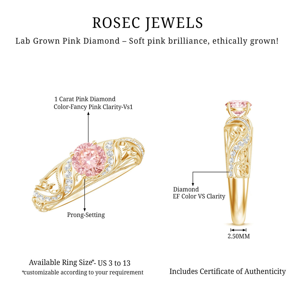 Lab Grown Pink Diamond Ring – Vintage Engagement, IGI Certified, Rose Gold