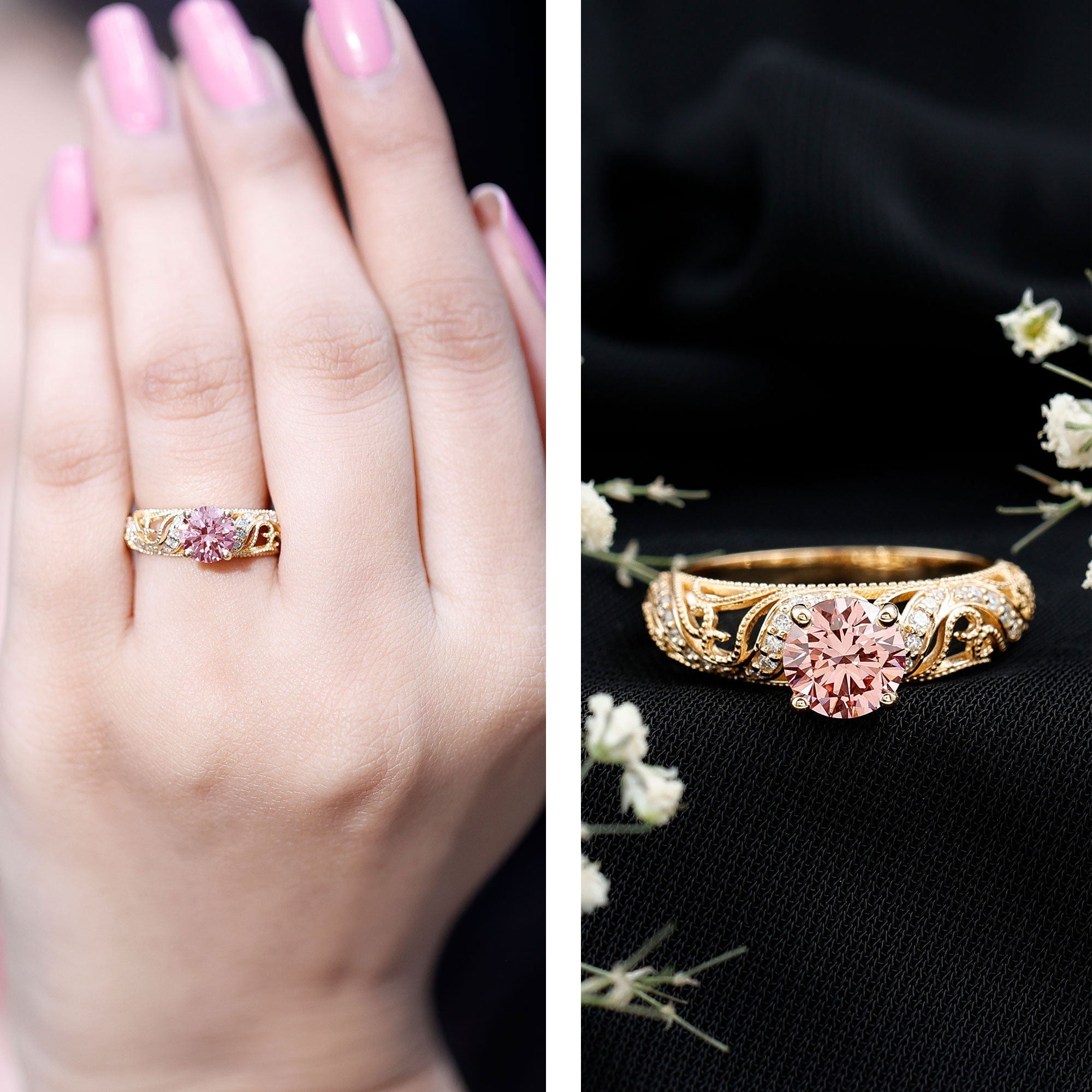 Lab Grown Pink Diamond Ring – Vintage Engagement, IGI Certified, Rose Gold