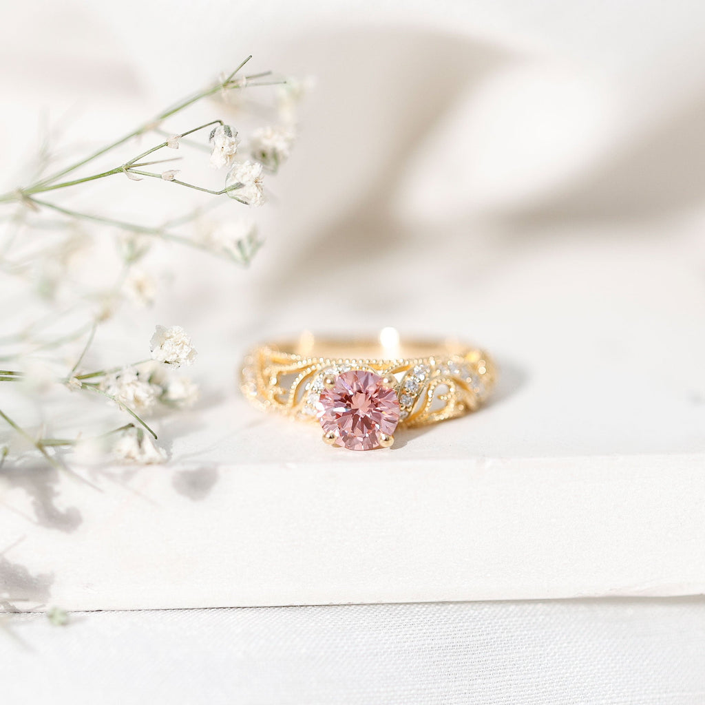 Lab Grown Pink Diamond Ring – Vintage Engagement, IGI Certified, Rose Gold