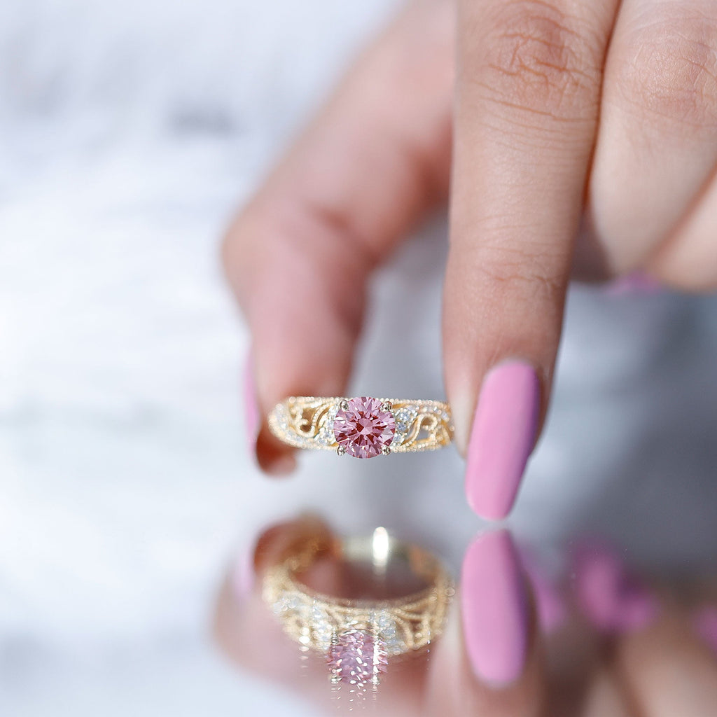 Lab Grown Pink Diamond Ring – Vintage Engagement, IGI Certified, Rose Gold