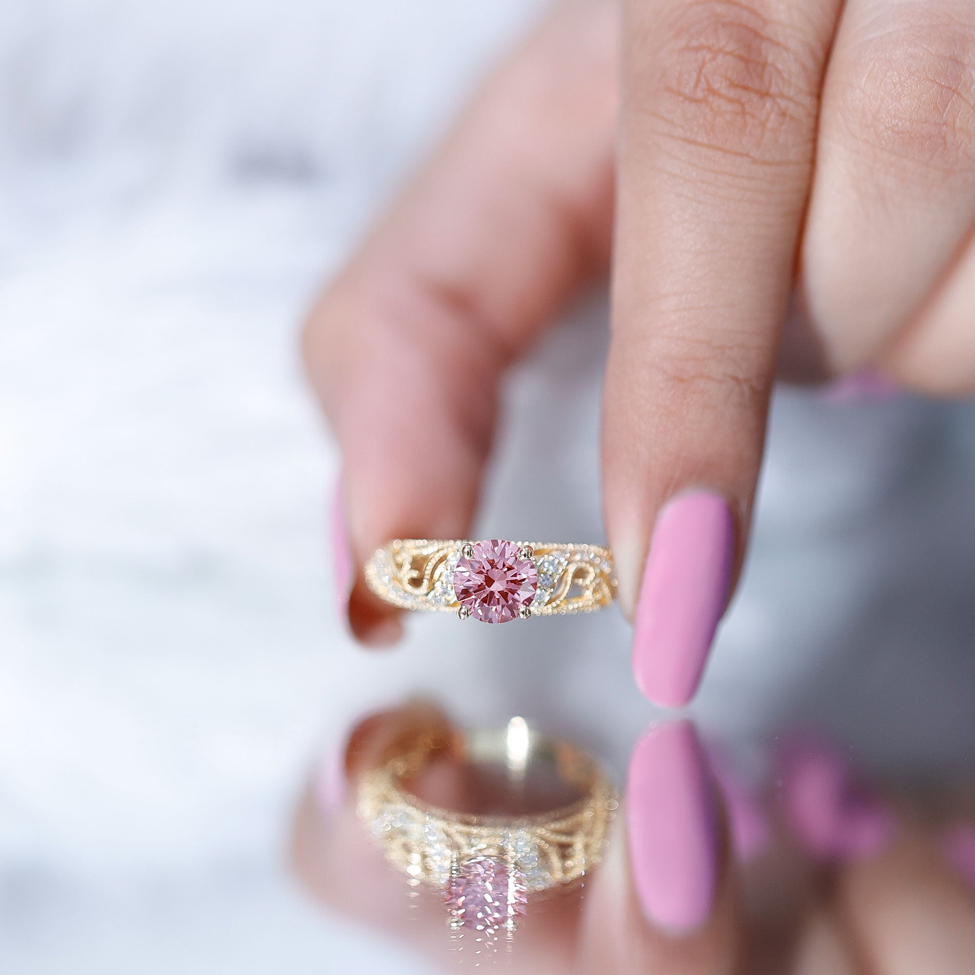 Lab Grown Pink Diamond Ring – Vintage Engagement, IGI Certified, Rose Gold
