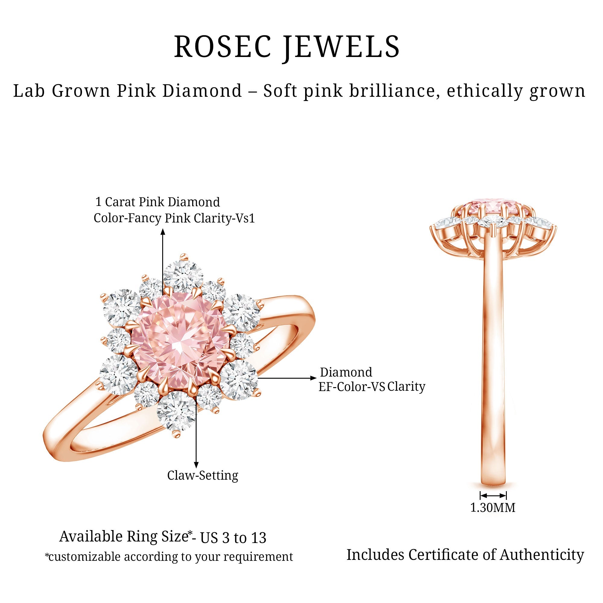 Lab Grown Pink Diamond Ring - 1 Carat IGI Certified Halo Engagement Ring