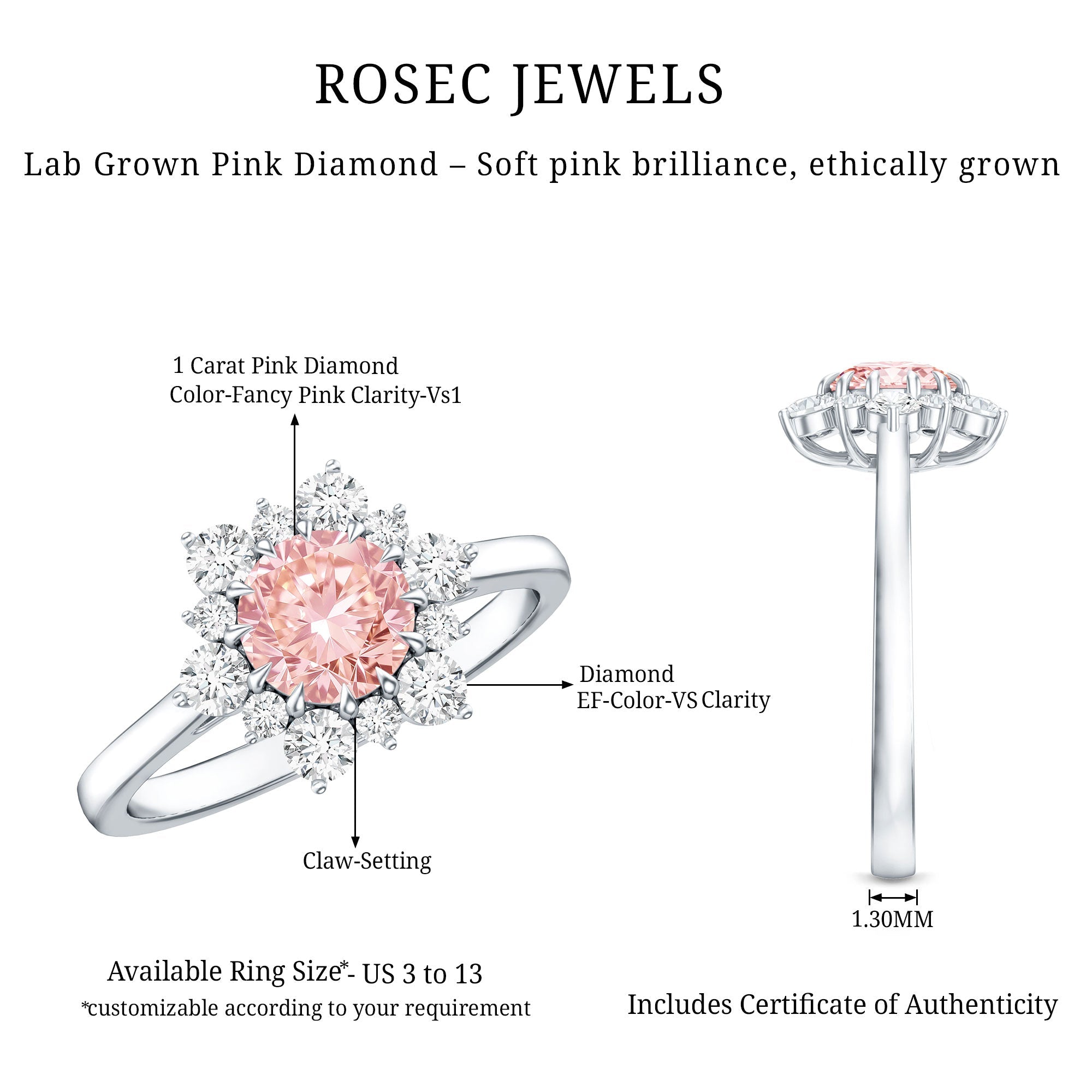 Lab Grown Pink Diamond Ring - 1 Carat IGI Certified Halo Engagement Ring