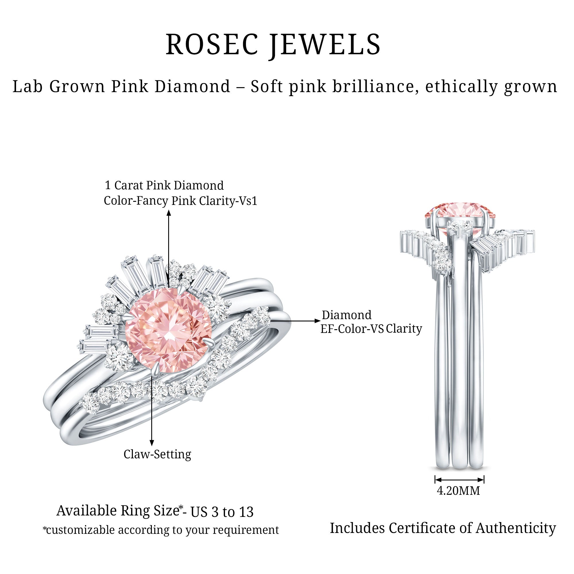 Lab Grown Pink Diamond Ring - IGI Certified Bridal Trio With White Diamond Accents