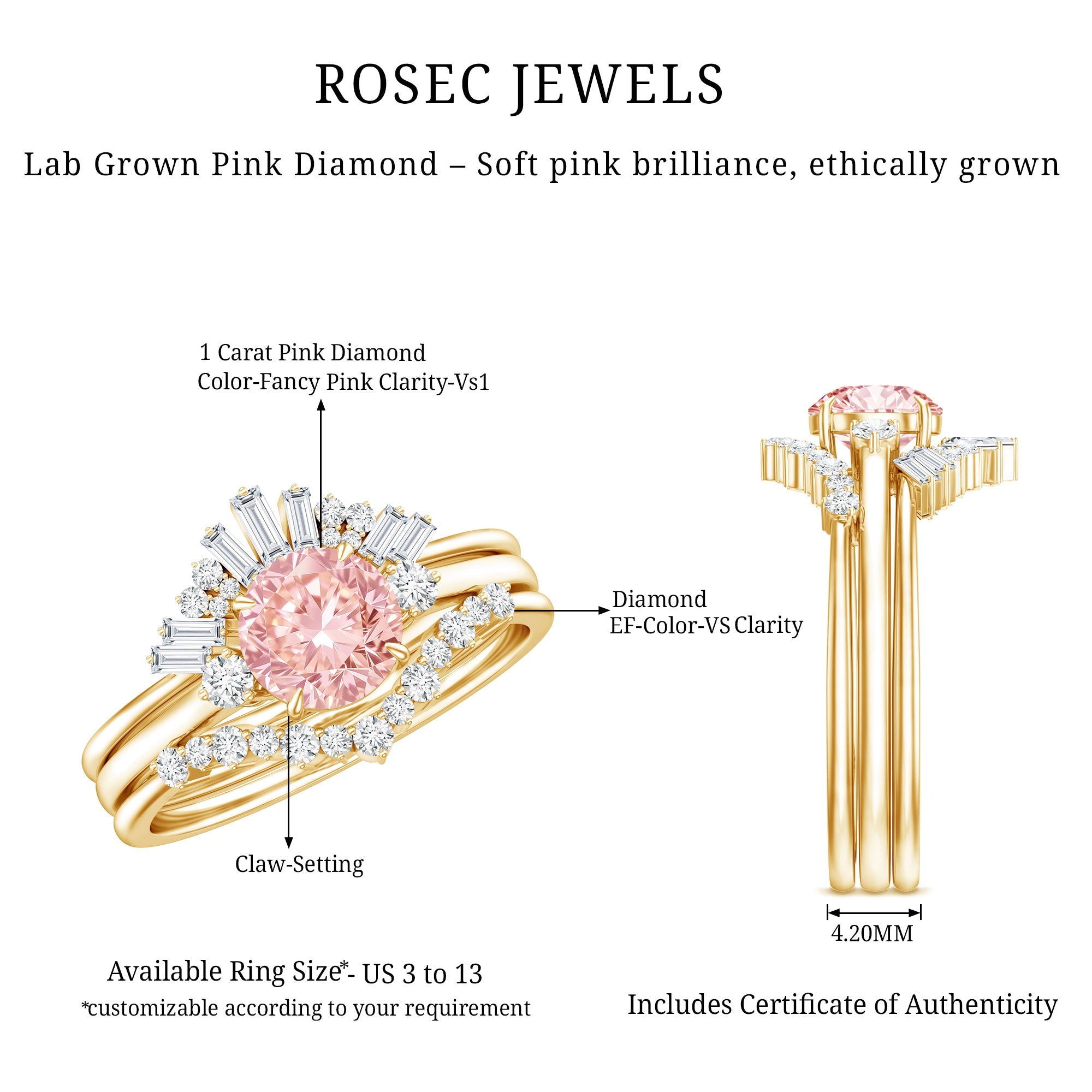 Lab Grown Pink Diamond Ring - IGI Certified Bridal Trio With White Diamond Accents