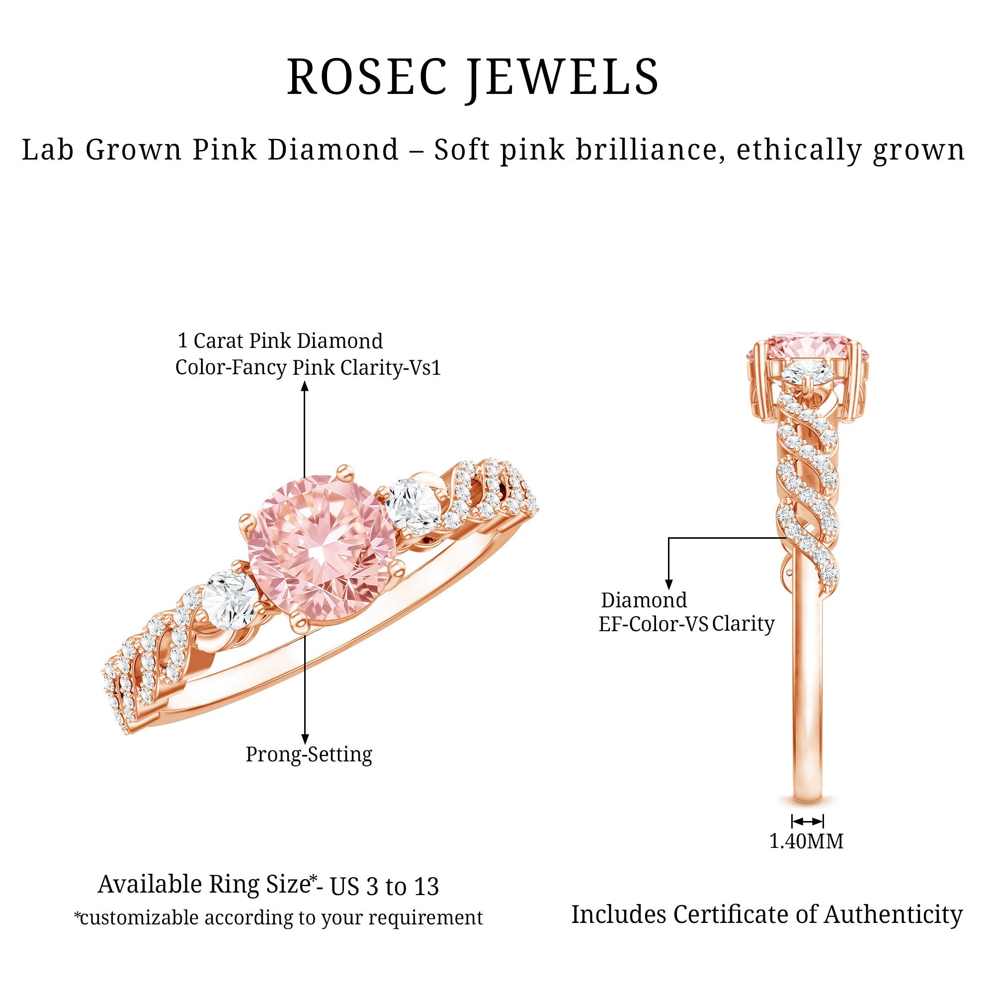 Lab Grown Pink Diamond Ring - 1 Carat Fancy Pink Diamond Engagement Ring, IGI Certified