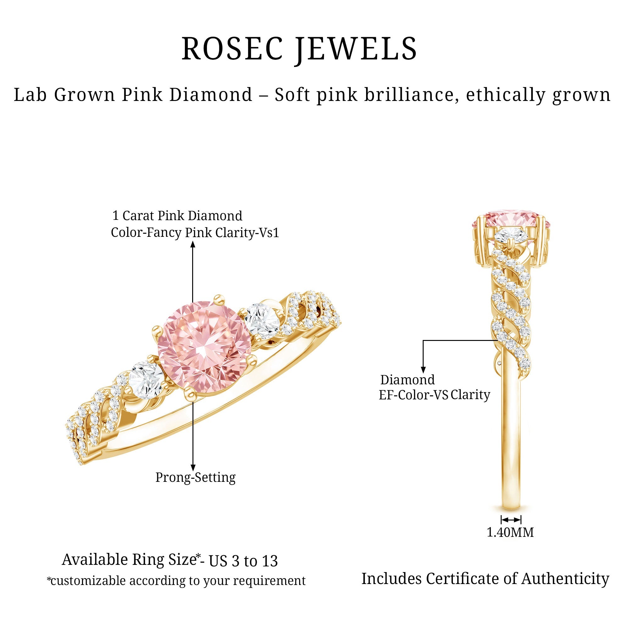 Lab Grown Pink Diamond Ring - 1 Carat Fancy Pink Diamond Engagement Ring, IGI Certified