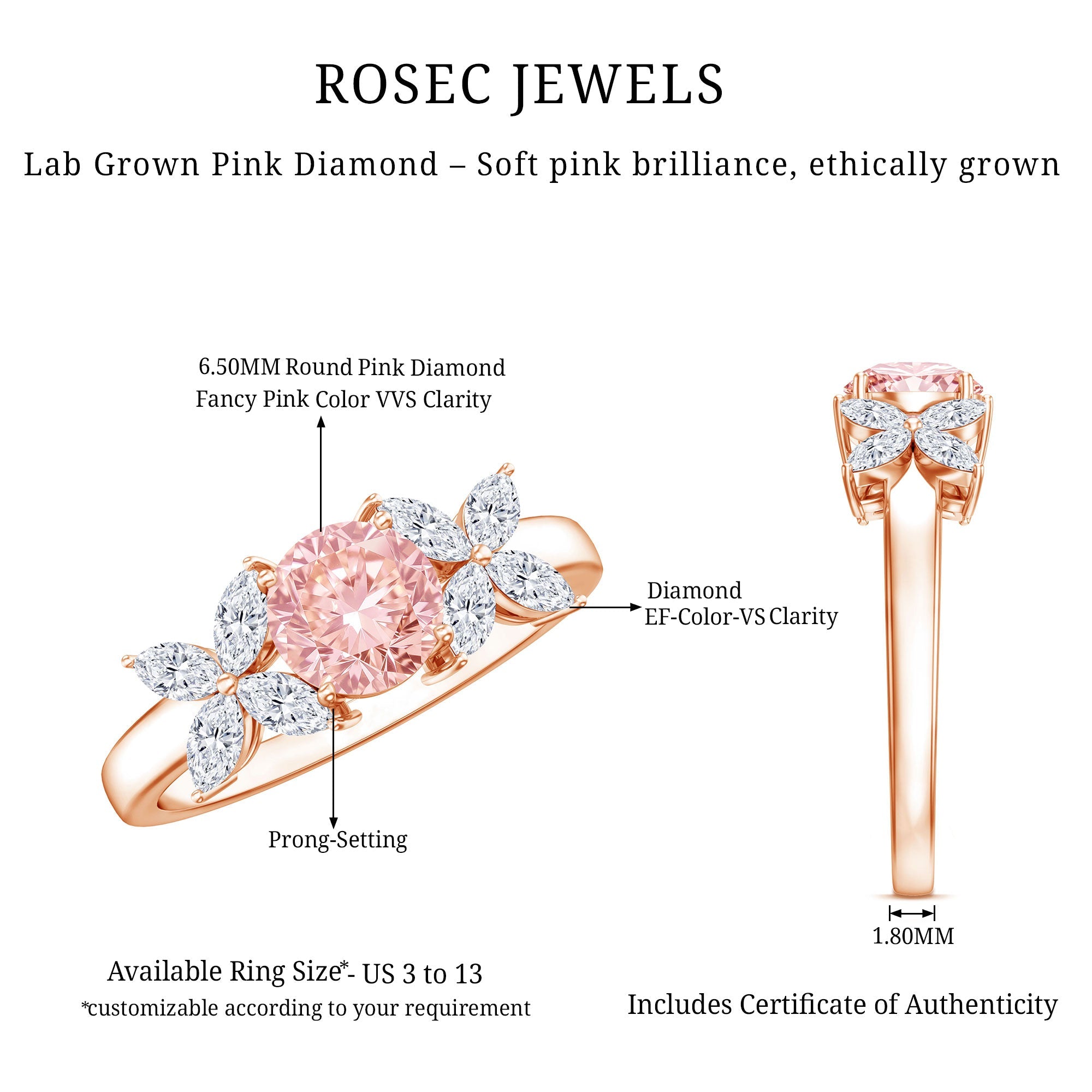 Lab Grown Pink Diamond Ring – Rose Gold Flower Engagement Ring With Marquise Diamonds
