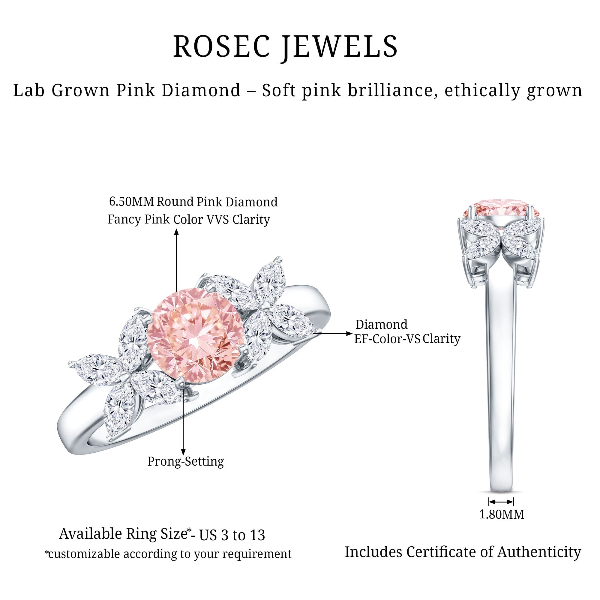 Lab Grown Pink Diamond Ring – Rose Gold Flower Engagement Ring With Marquise Diamonds