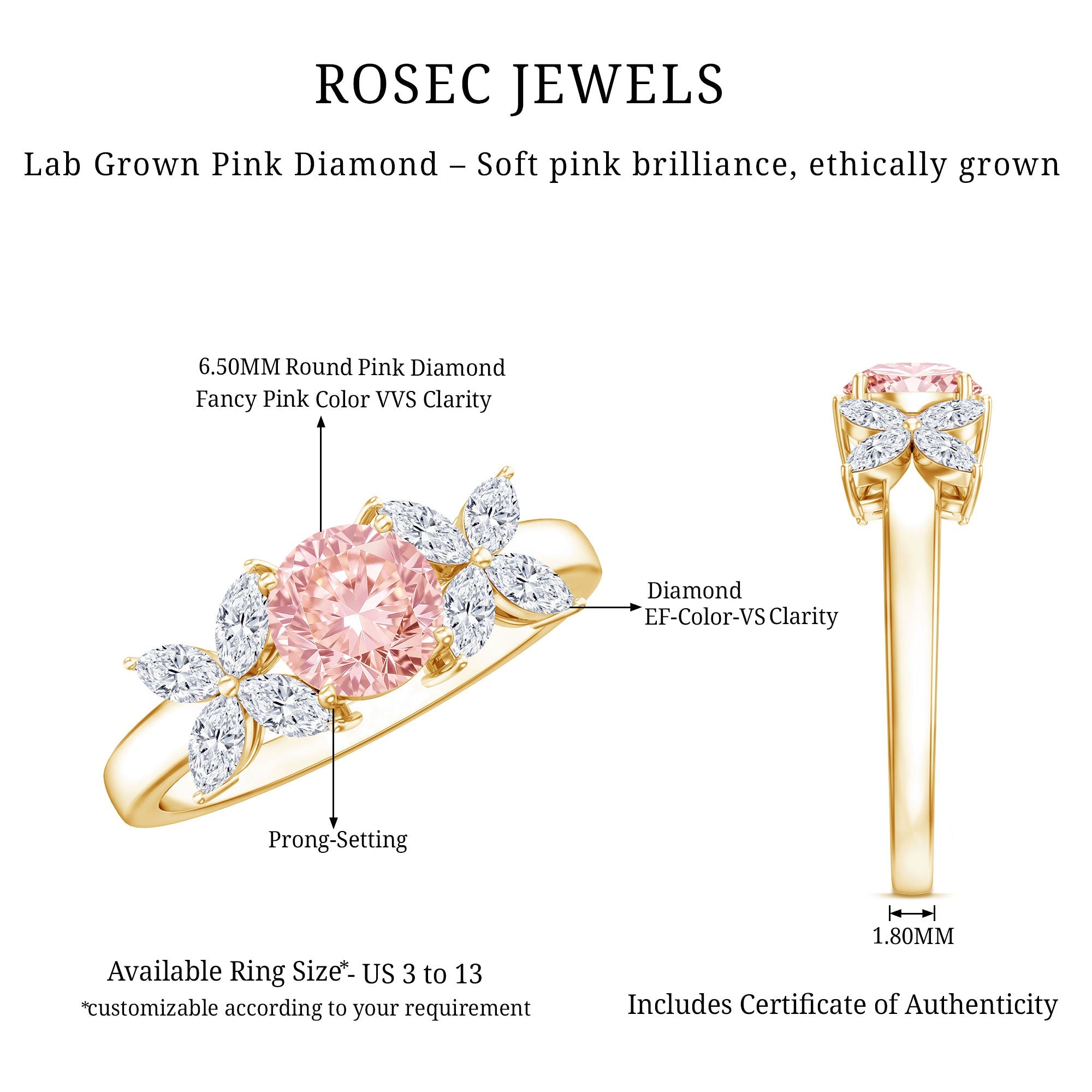 Lab Grown Pink Diamond Ring – Rose Gold Flower Engagement Ring With Marquise Diamonds