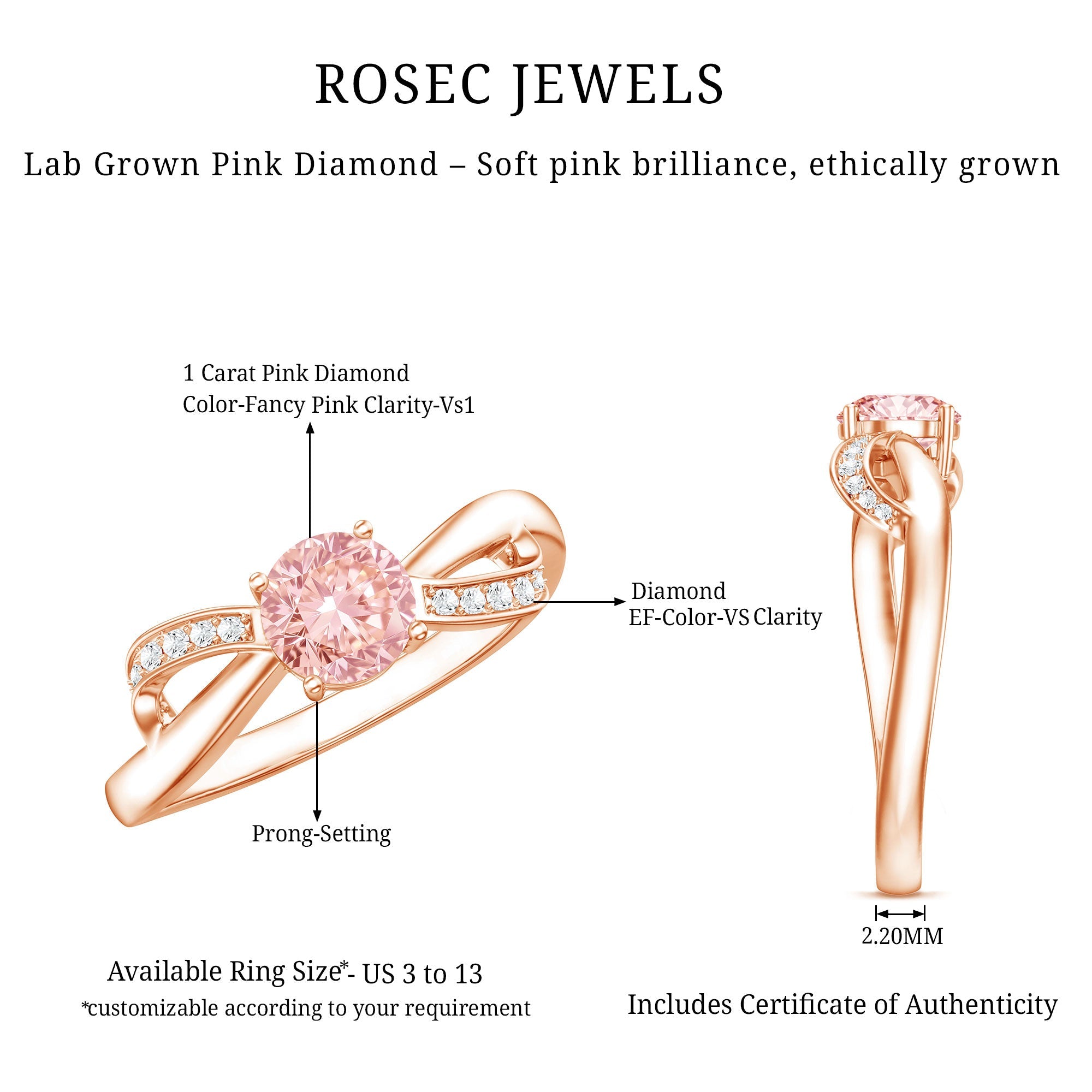 Lab Grown Pink Diamond Ring – IGI Certified Classic Engagement Ring With Infinity Band