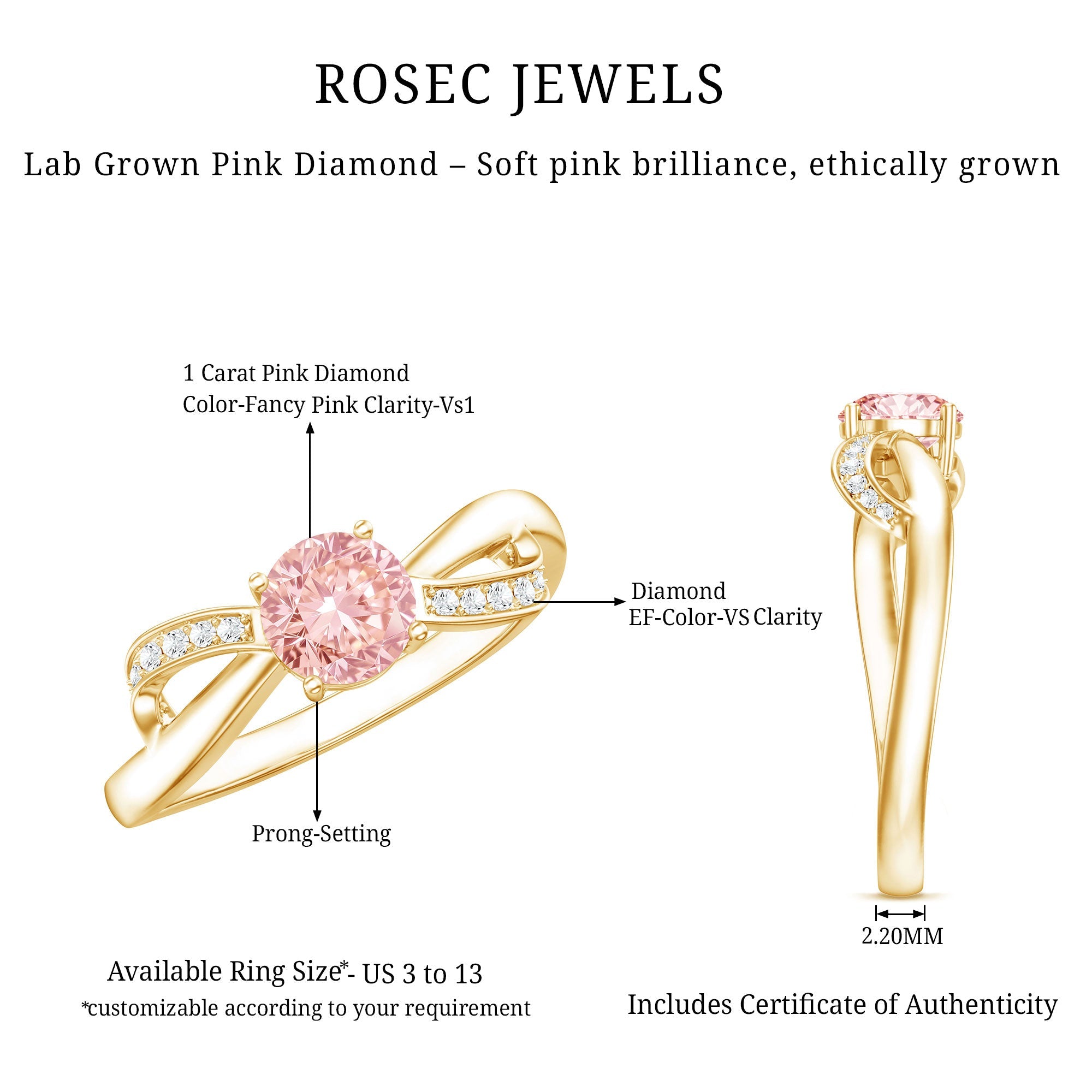 Lab Grown Pink Diamond Ring – IGI Certified Classic Engagement Ring With Infinity Band
