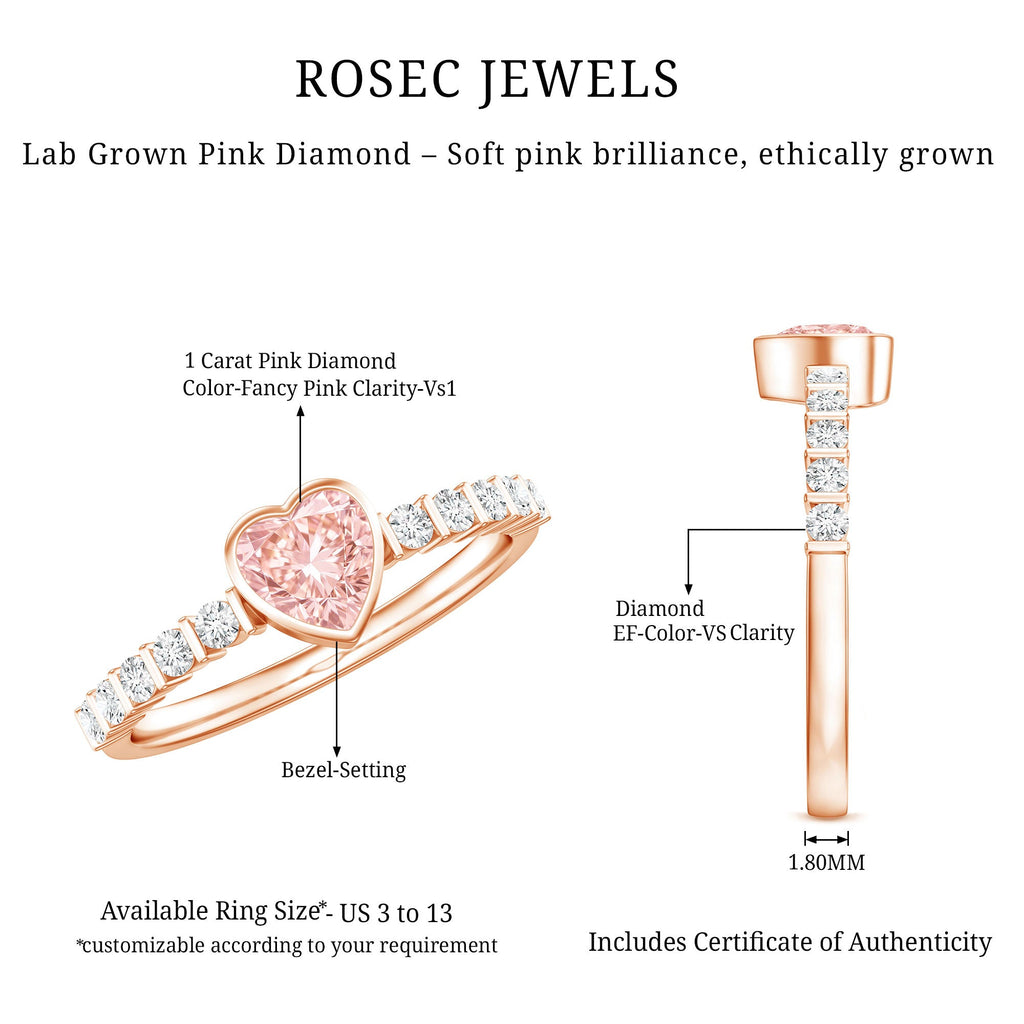 Lab Grown Pink Diamond Ring – 1 Ct Heart Shape Engagement Ring with Side Stones