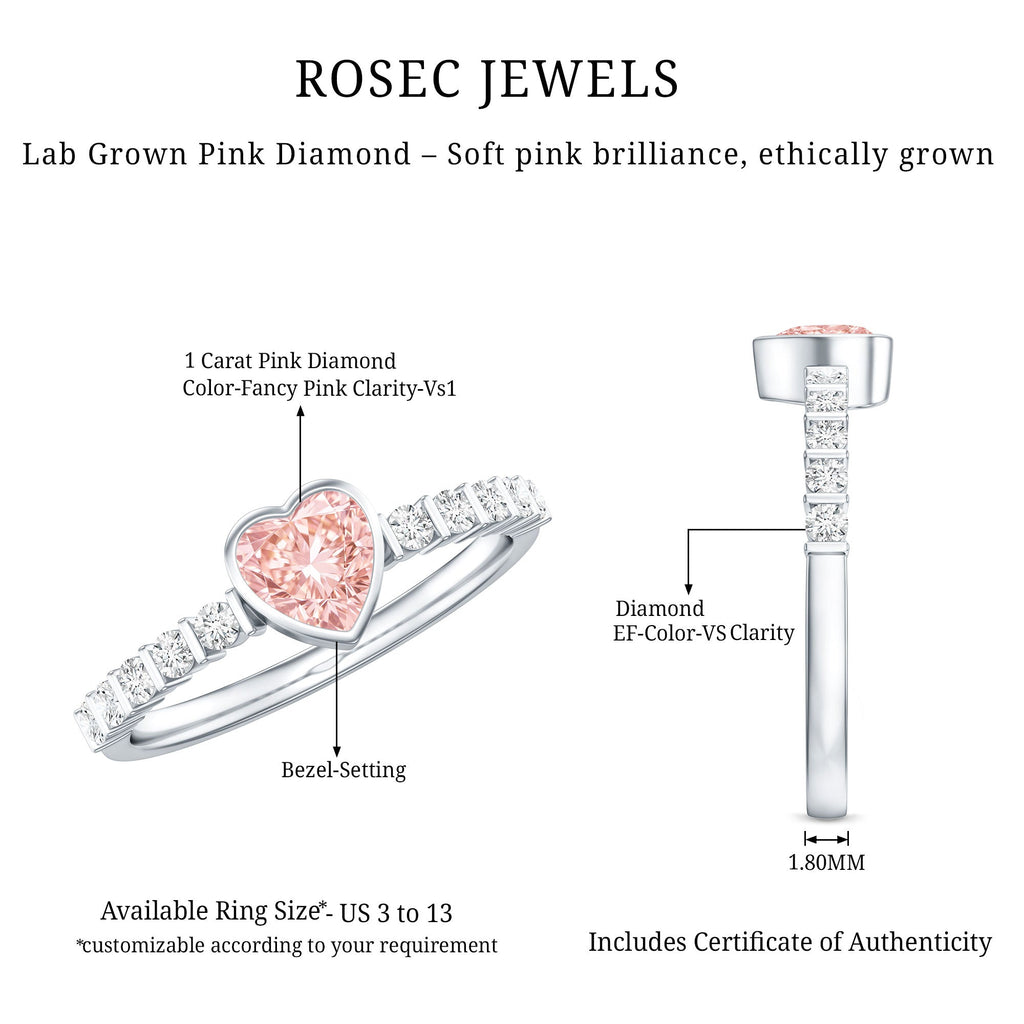 Lab Grown Pink Diamond Ring – 1 Ct Heart Shape Engagement Ring with Side Stones